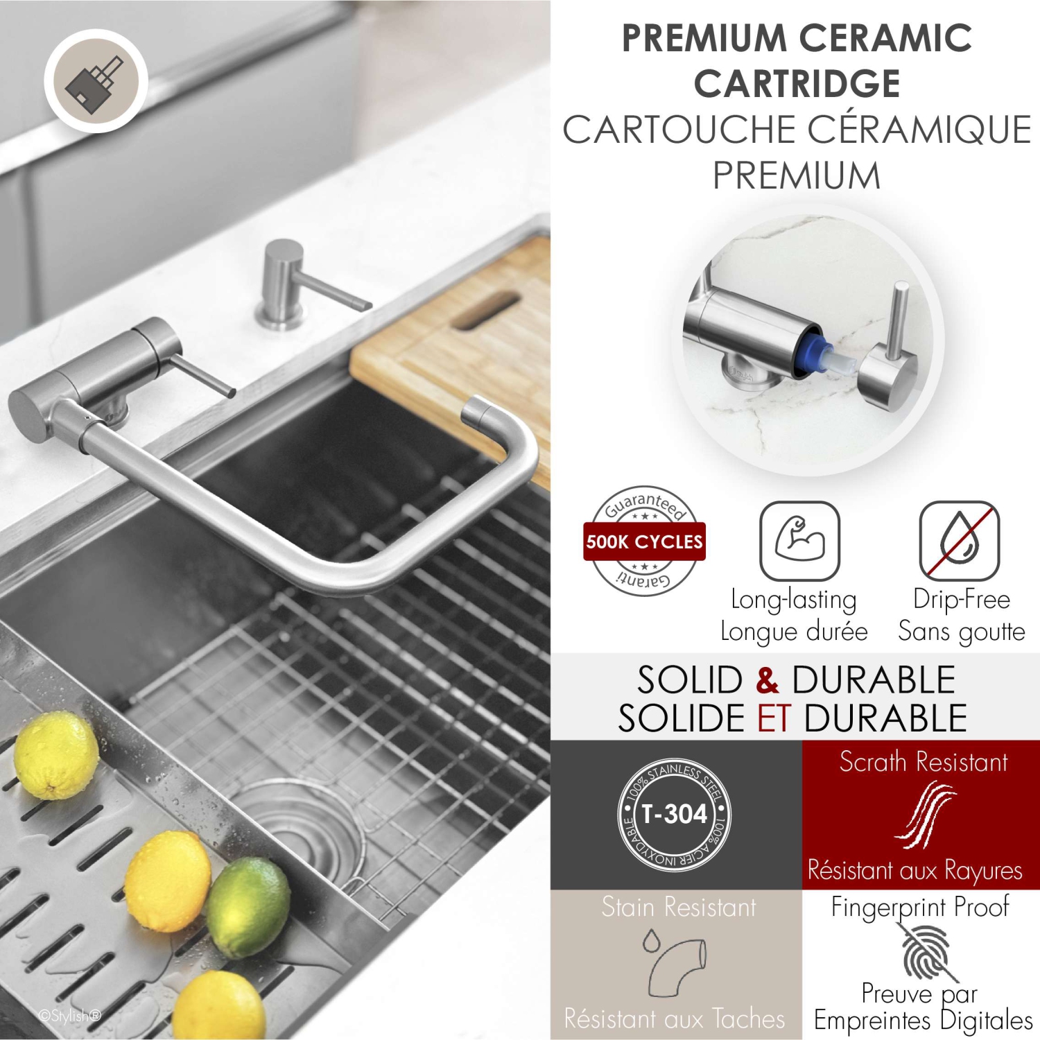 Robinet de cuisine pliable en acier inoxydable brossé à une poignée