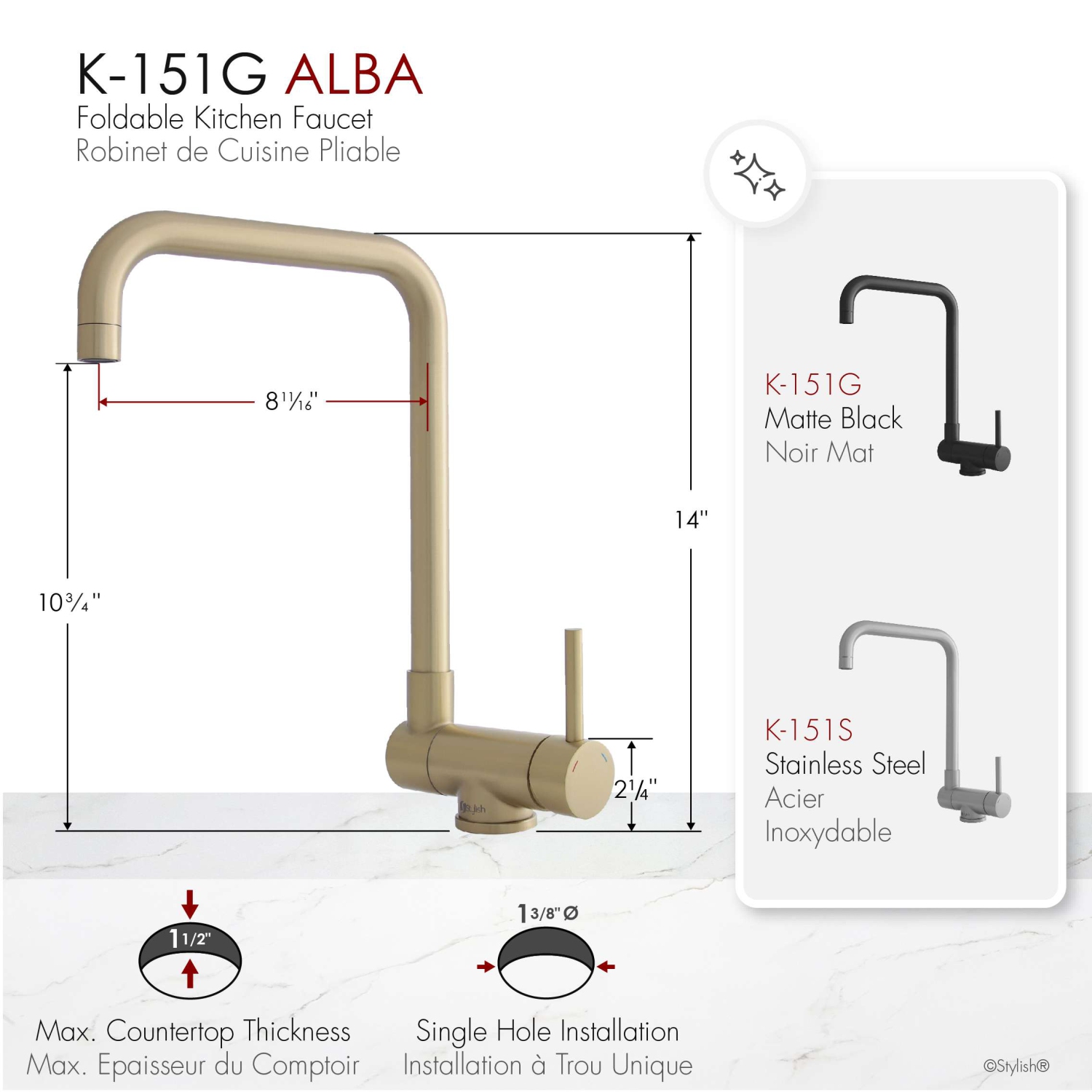 Single Handle Brushed Gold Foldable Kitchen Faucet