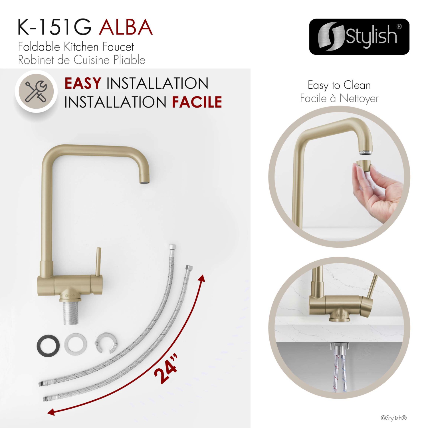 Single Handle Brushed Gold Foldable Kitchen Faucet
