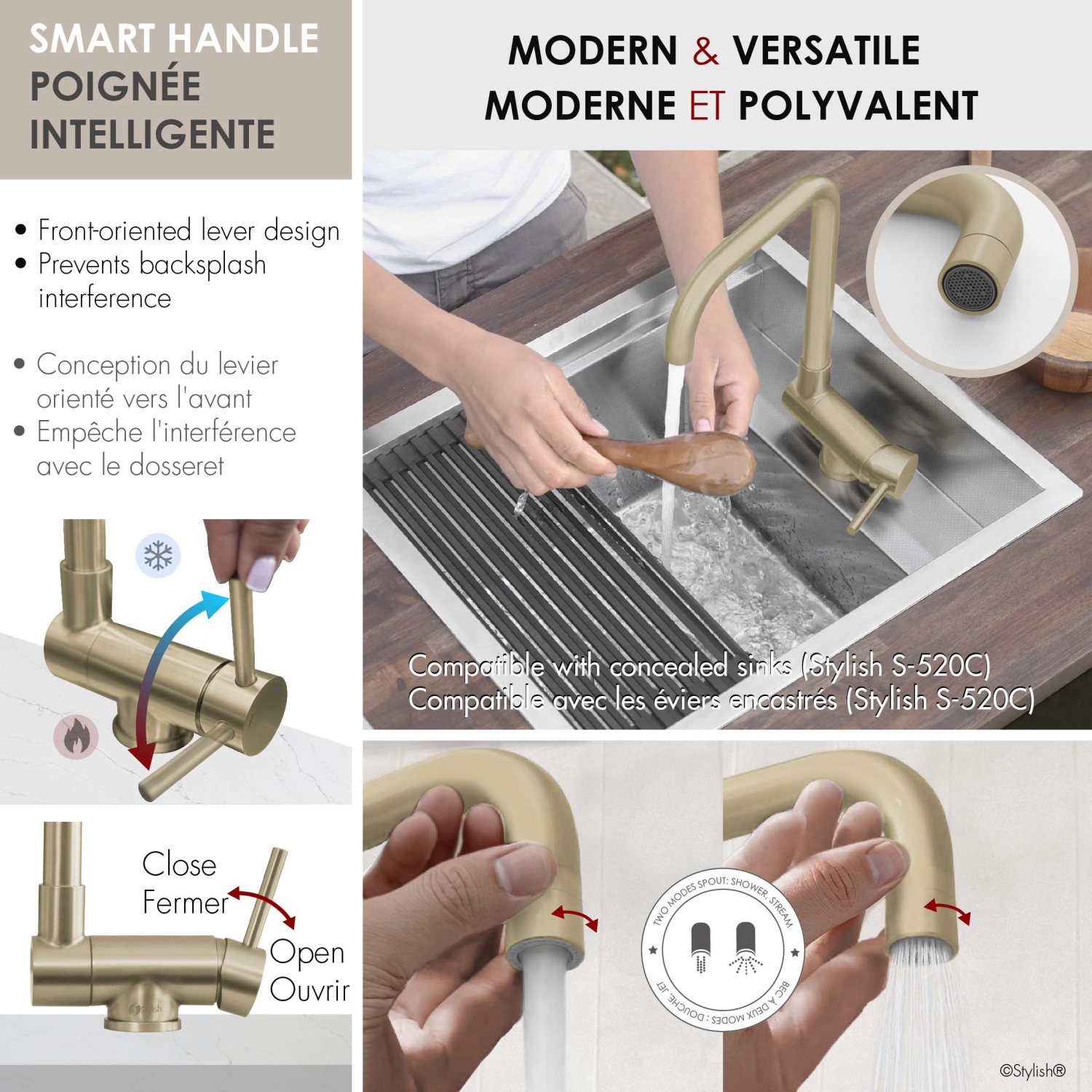 Single Handle Brushed Gold Foldable Kitchen Faucet