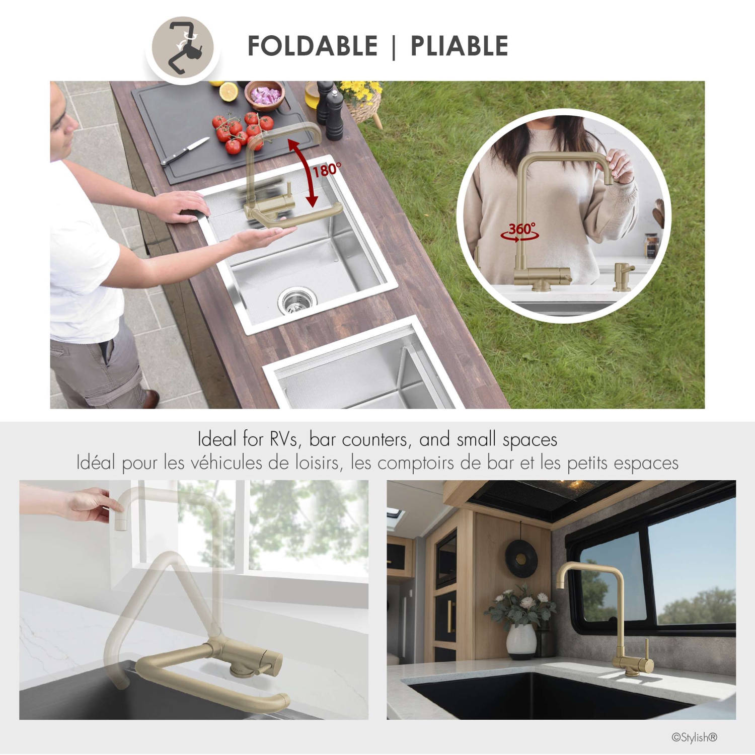 Single Handle Brushed Gold Foldable Kitchen Faucet