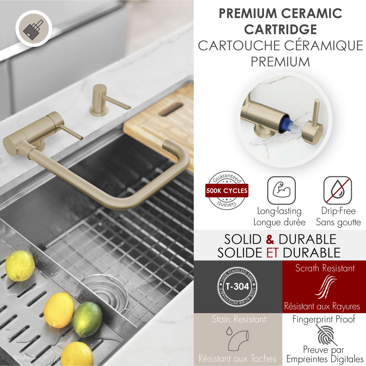 Single Handle Brushed Gold Foldable Kitchen Faucet