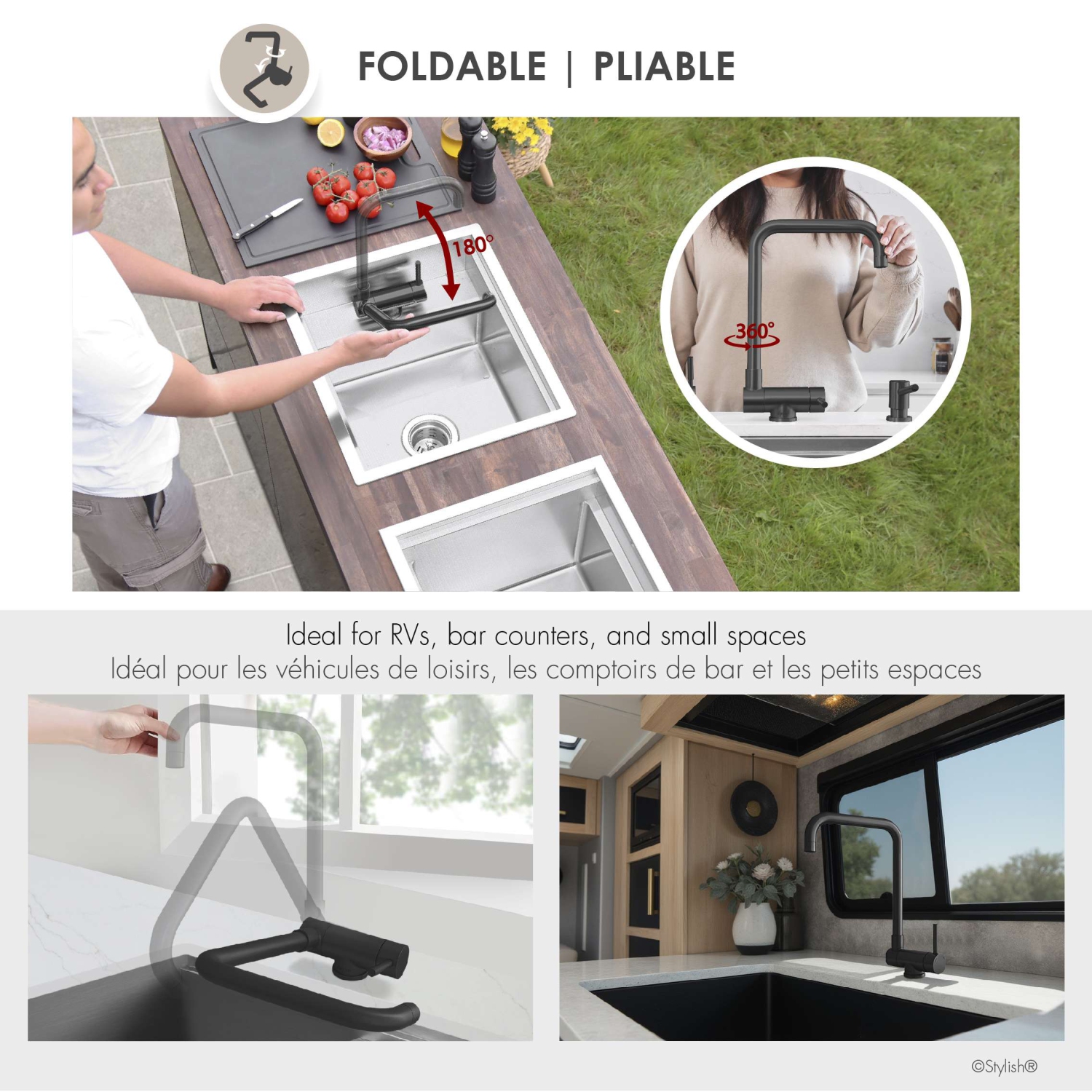Single Handle Matte Black Foldable Kitchen Faucet