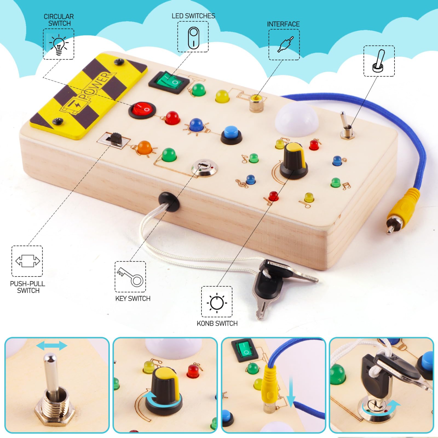 Montessori Busy Board, Wooden Sensory Toy, Switch Circuit Board Toy – For 1-5 Years Old Boys and Girls Birthday Gift