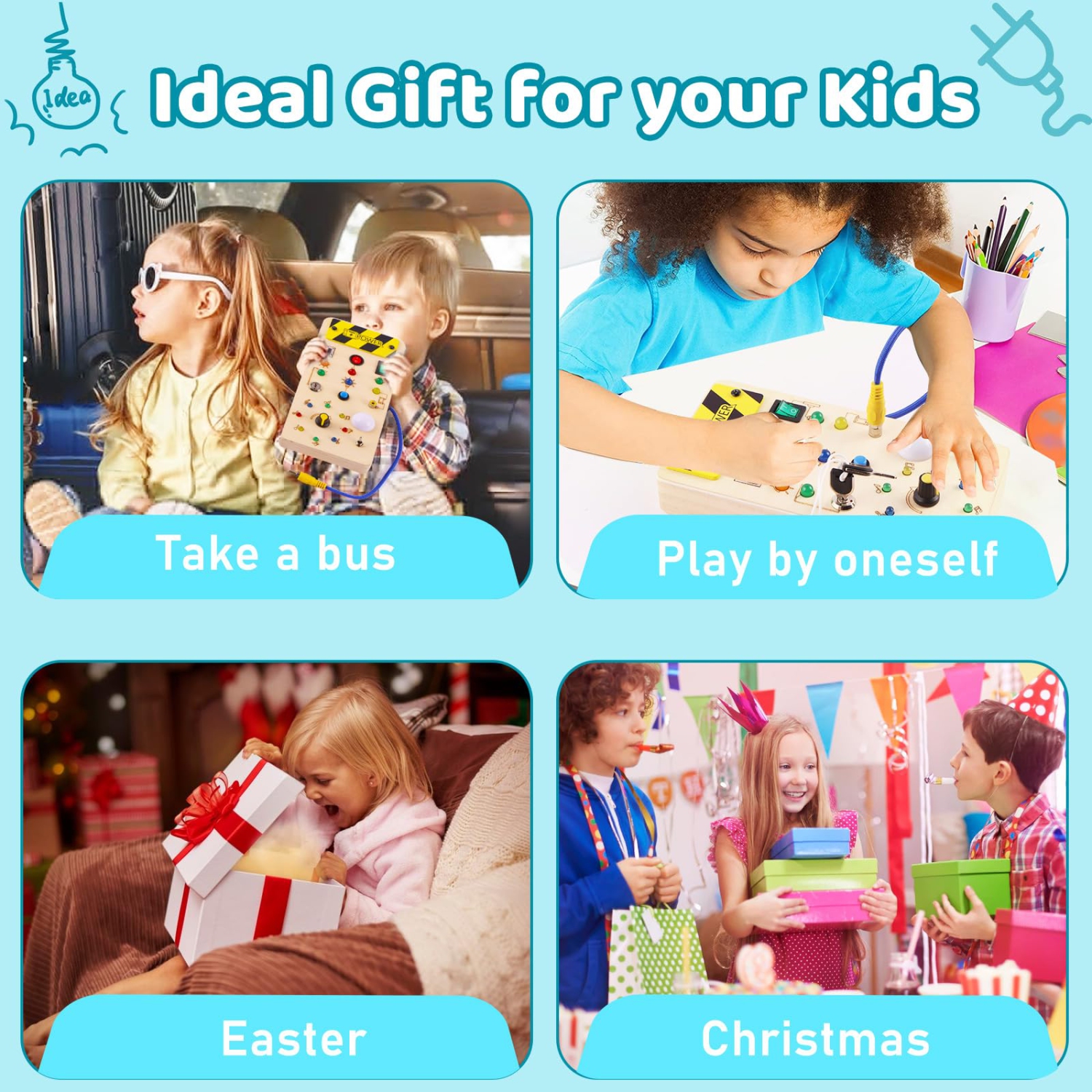 Montessori Busy Board, Wooden Sensory Toy, Switch Circuit Board Toy – For 1-5 Years Old Boys and Girls Birthday Gift