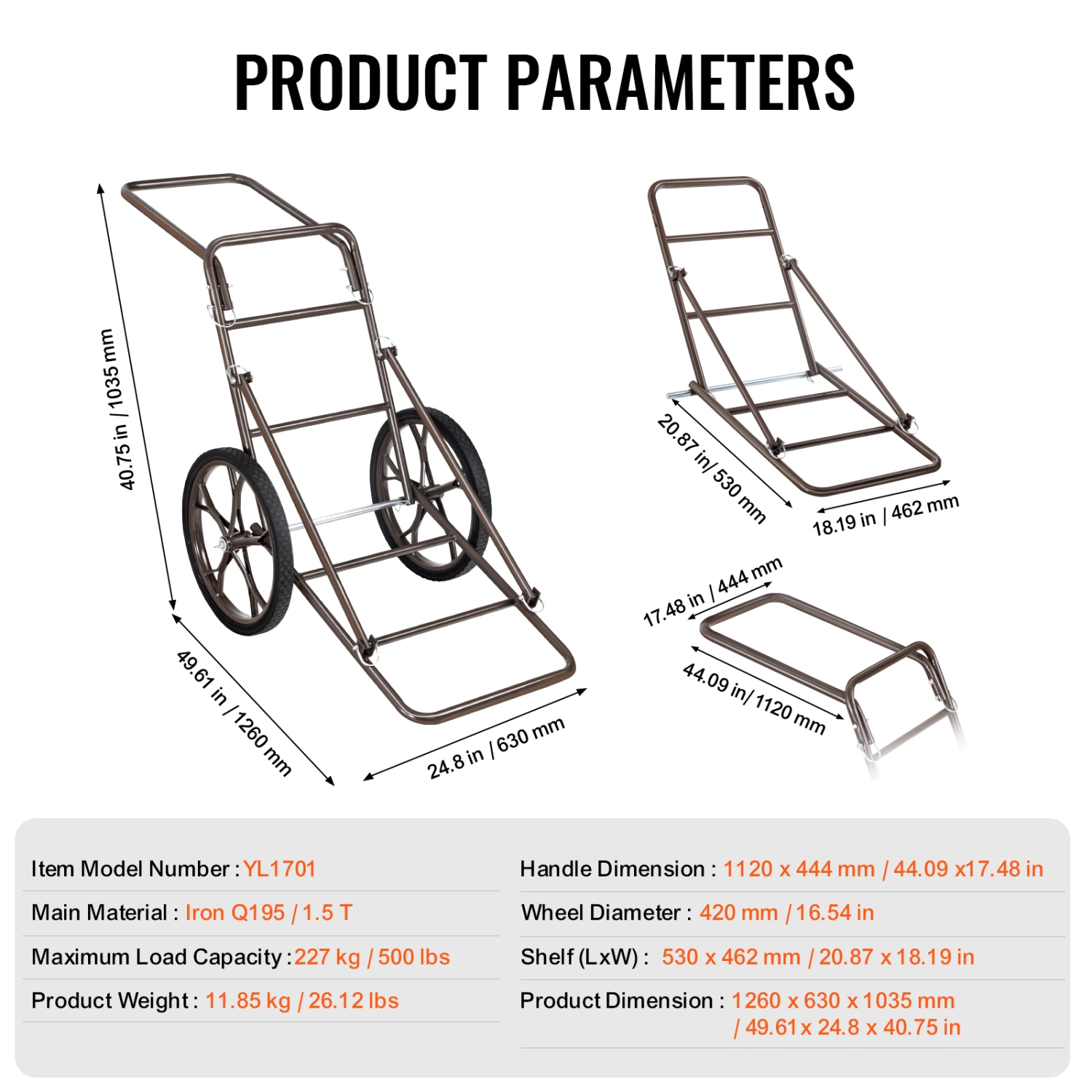 VEVOR Deer Cart, 500 LBS Capacity Folding Game Cart, Deer Cart Game Hauler with 17" Big Rubber Wheel & Ergonomic Handle, Heavy-Duty Game Cart
