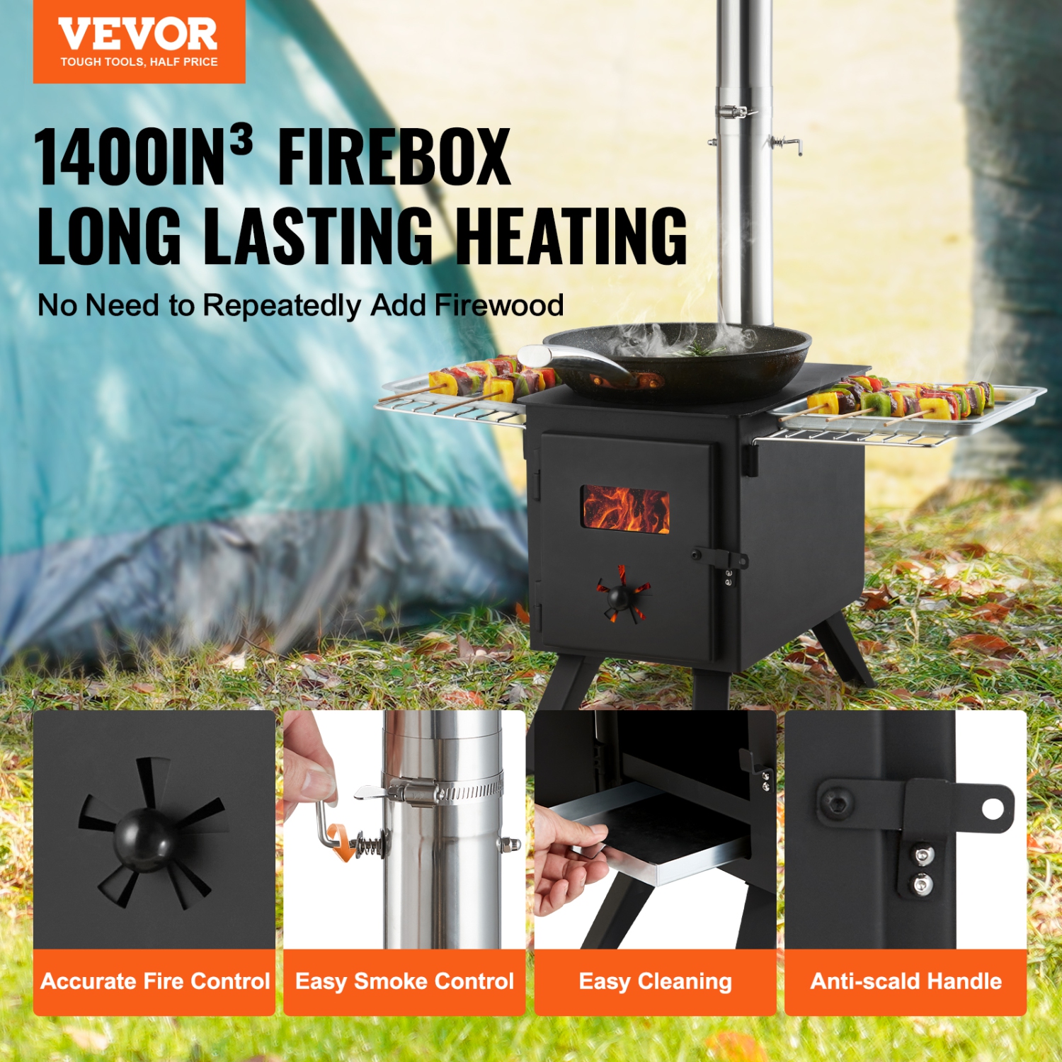 VEVOR 86 inch Wood Stove, Alloy Steel Camping Tent Stove, Portable Wood Burning Stove with Chimney Pipes & Gloves, 1400in³Firebox Hot Tent Stove for