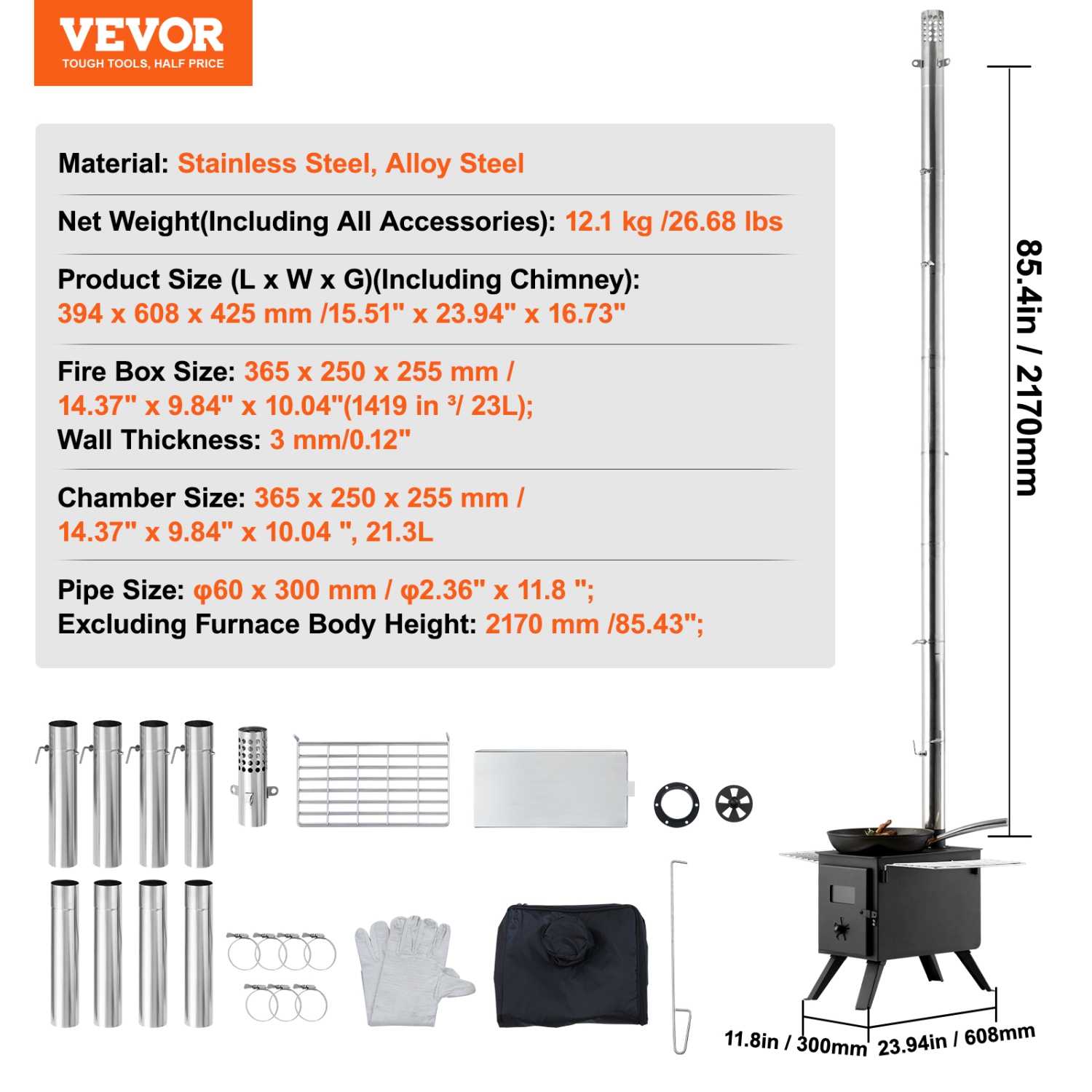 VEVOR 86 inch Wood Stove, Alloy Steel Camping Tent Stove, Portable Wood Burning Stove with Chimney Pipes & Gloves, 1400in³Firebox Hot Tent Stove for