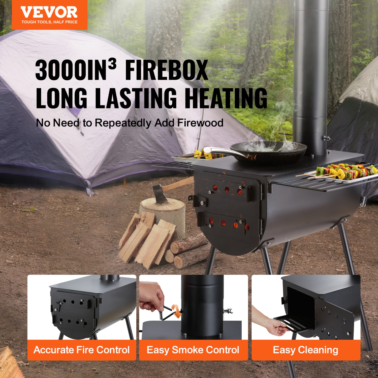 VEVOR 118 inch Wood Stove, Alloy Steel Camping Tent Stove, Portable Wood Burning Stove with Chimney Pipes & Gloves, 3000in³Firebox Hot Tent Stove for