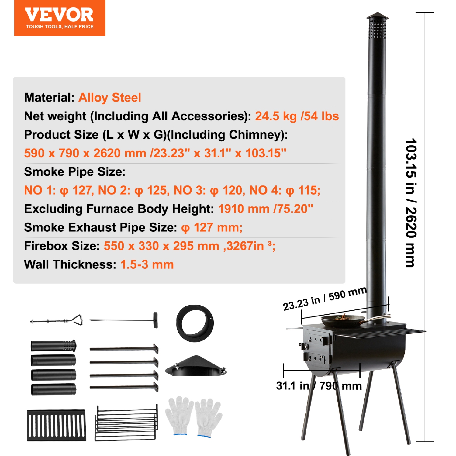 VEVOR 118 inch Wood Stove, Alloy Steel Camping Tent Stove, Portable Wood Burning Stove with Chimney Pipes & Gloves, 3000in³Firebox Hot Tent Stove for