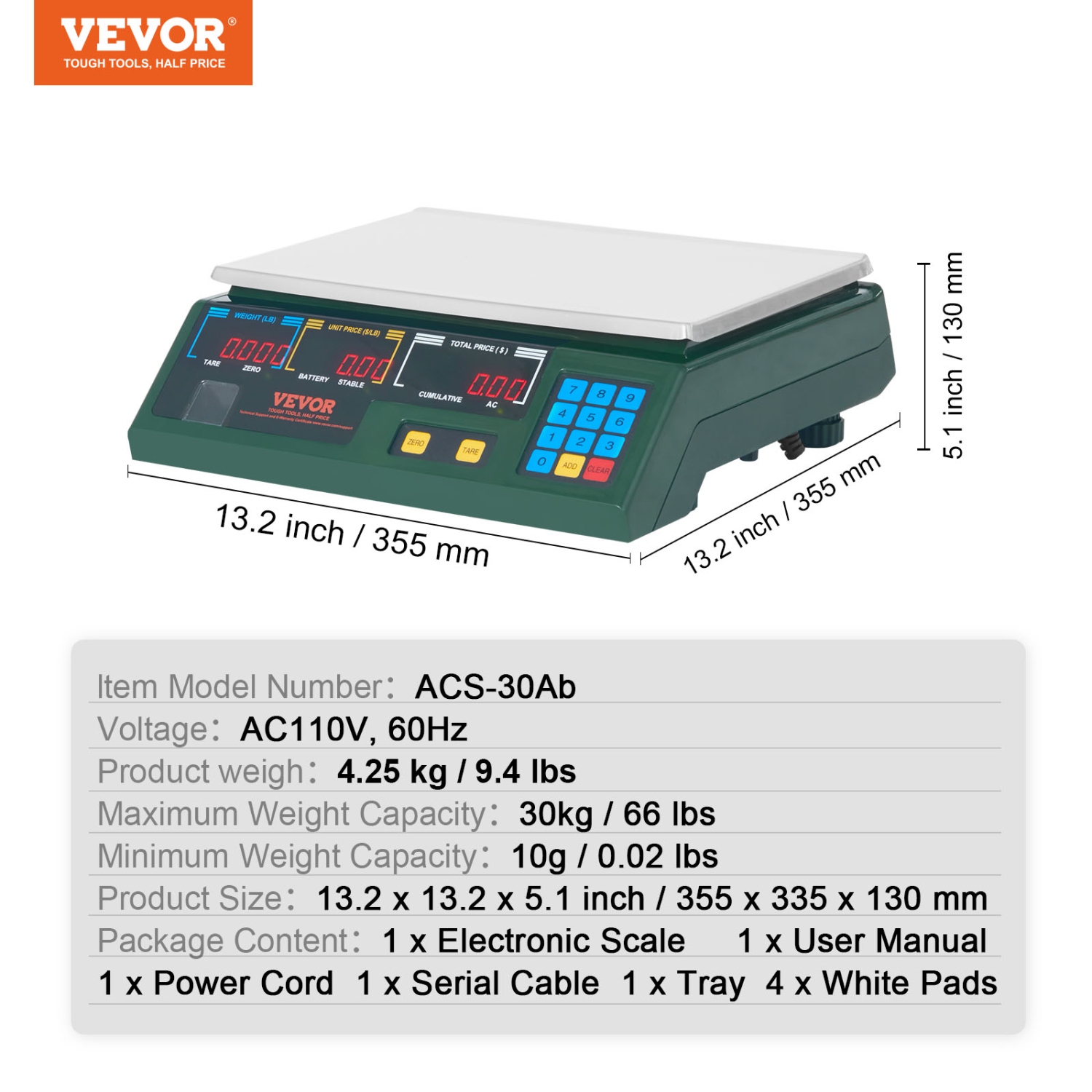 VEVOR Electronic Price Computing Scale, 66 LB Digital Deli Weight Scales, LED Digital Commercial Food Fruit Meat Produce Counting Weight, for Retail