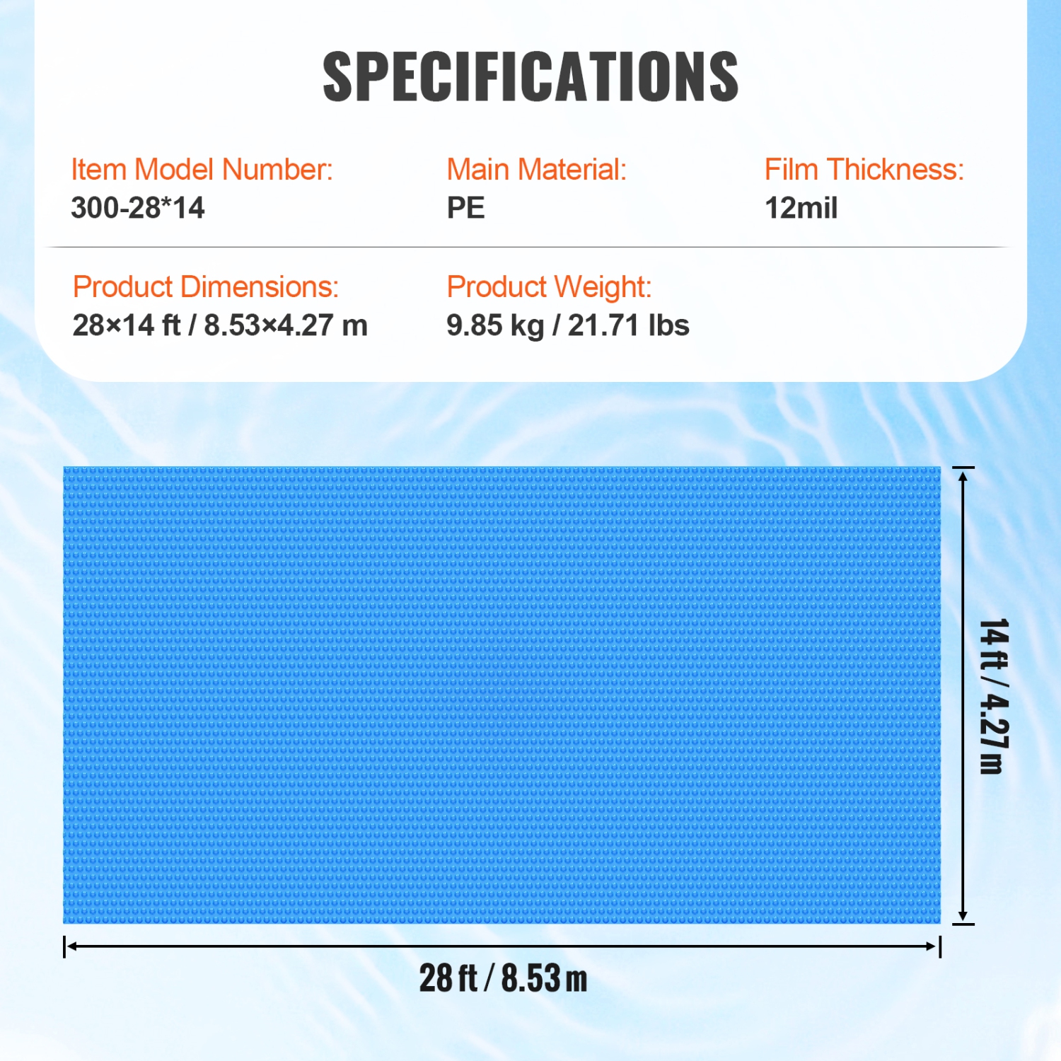 VEVOR 12 mil Solar Pool Cover, 28 x 14 ft Rectangle Solar Blanket for Pools, Inground Above Ground Swimming Pool Solar Cover, Solar Covers Blue