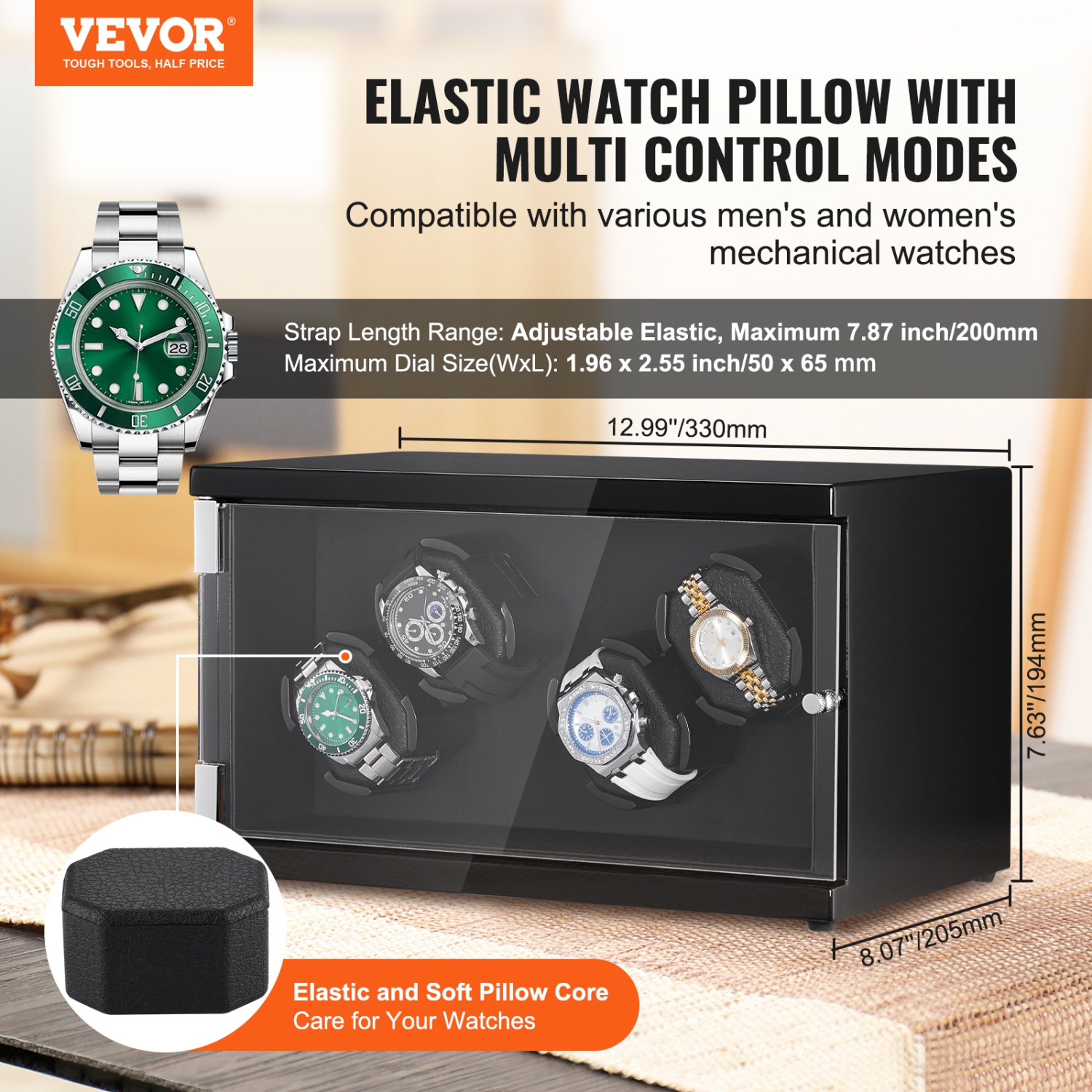VEVOR Watch Winder, for 4 Men's and Women's Automatic Watches, with 2 Super Quiet Japanese Mabuchi Motors, Blue LED Light and Adapter, High-Density