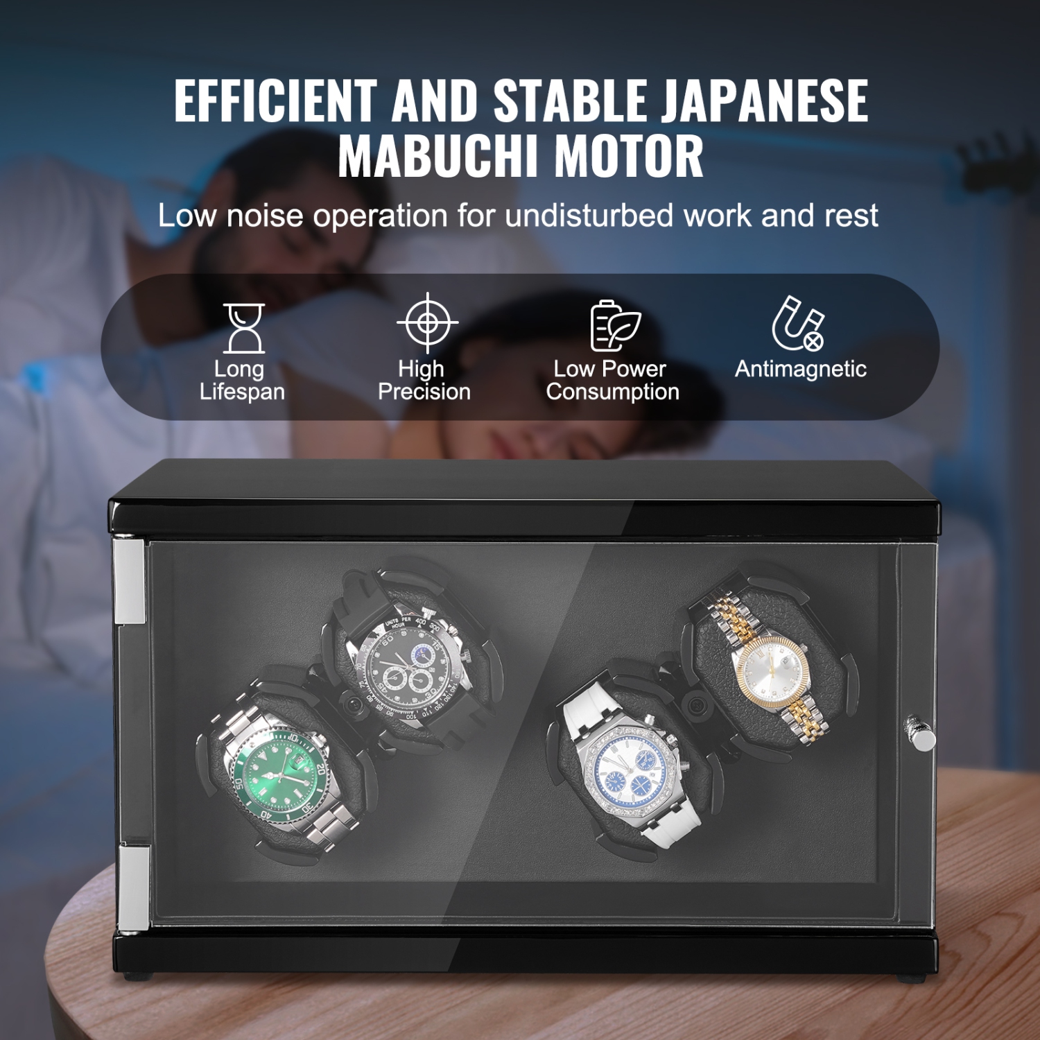 VEVOR Watch Winder, for 4 Men's and Women's Automatic Watches, with 2 Super Quiet Japanese Mabuchi Motors, Blue LED Light and Adapter, High-Density