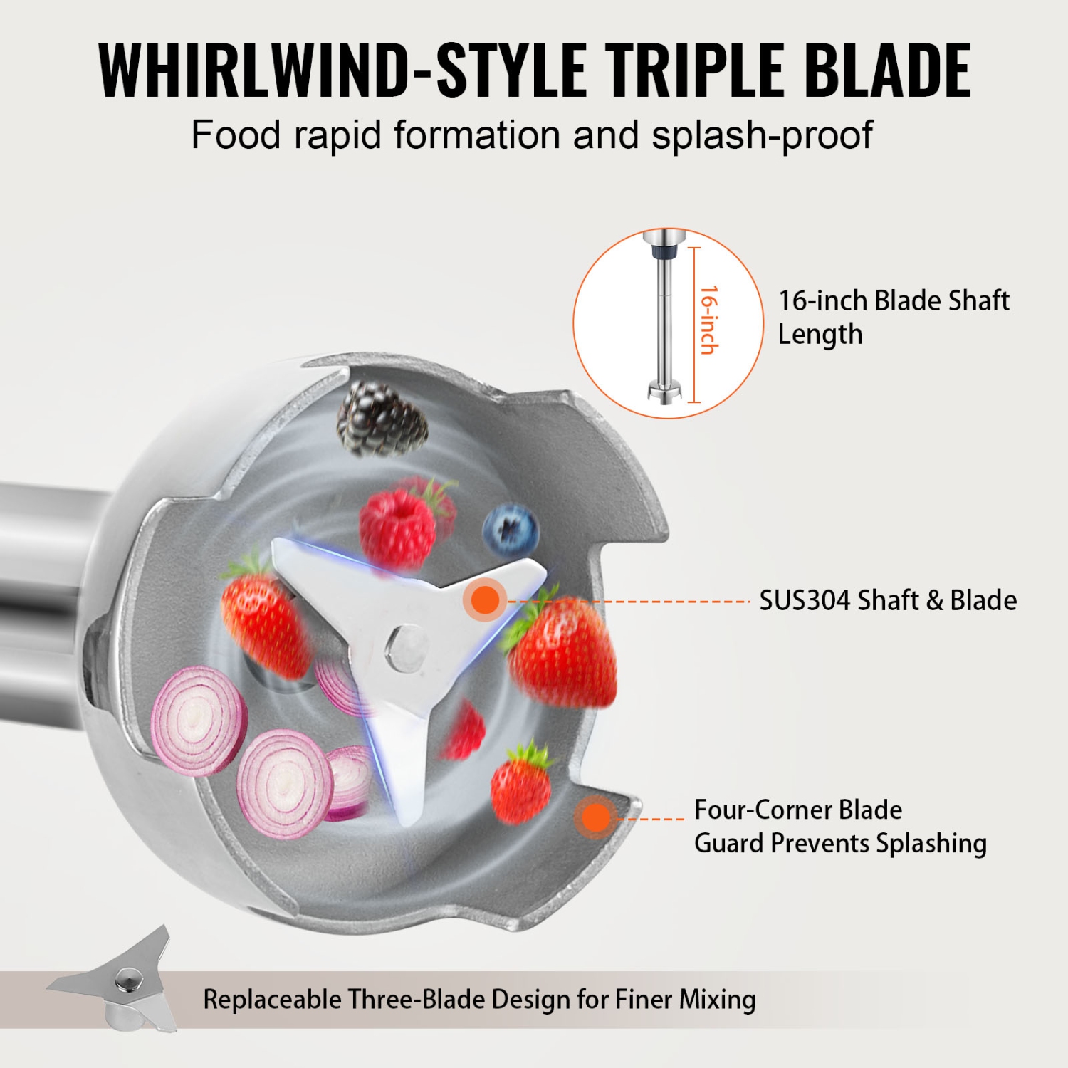 VEVOR 500W Commercial Immersion Blender, Heavy Duty Hand Mixer, 16 inch Stepless Variable Speed Mixer with Stainless Steel Blade, Multi-Purpose