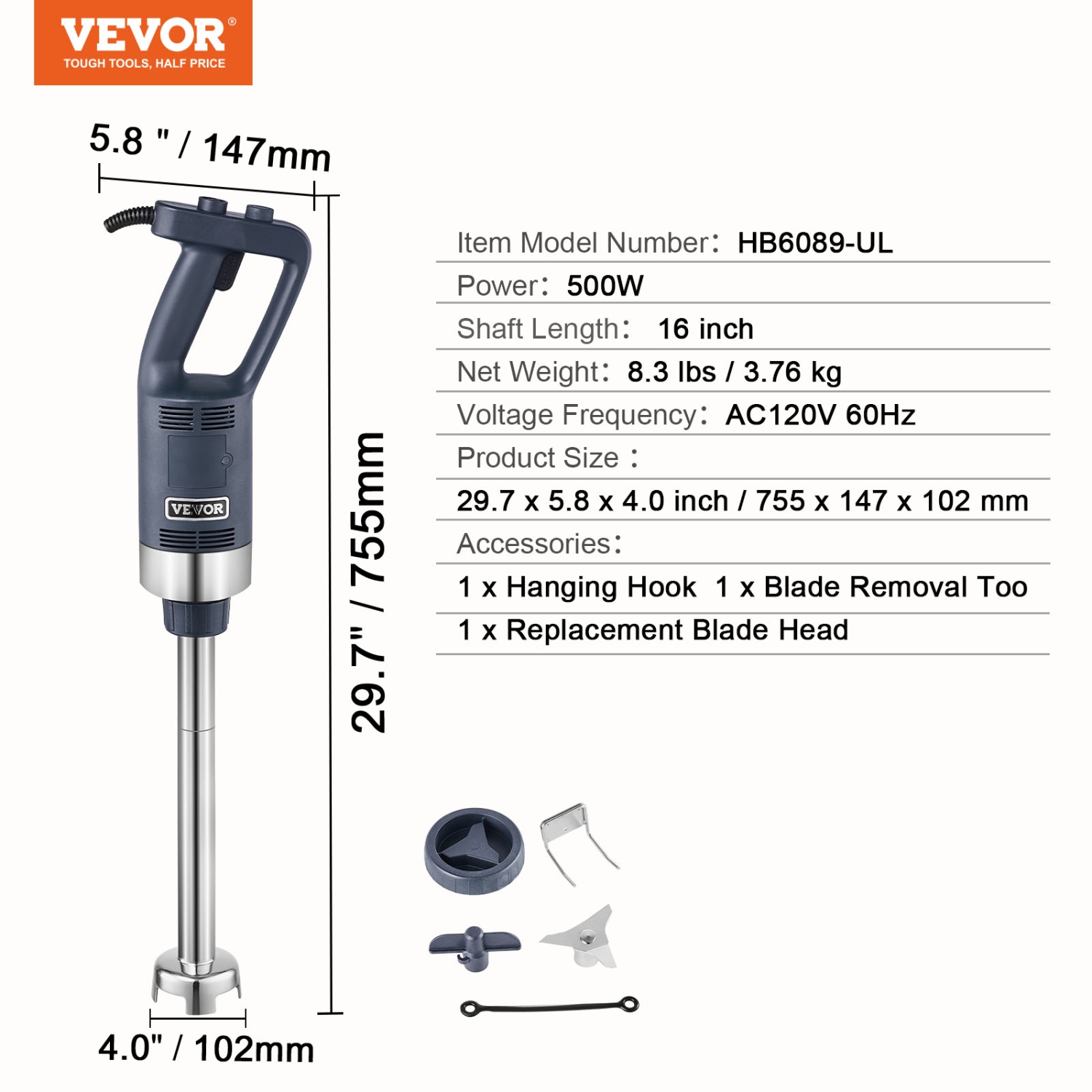 VEVOR 500W Commercial Immersion Blender, Heavy Duty Hand Mixer, 16 inch Stepless Variable Speed Mixer with Stainless Steel Blade, Multi-Purpose