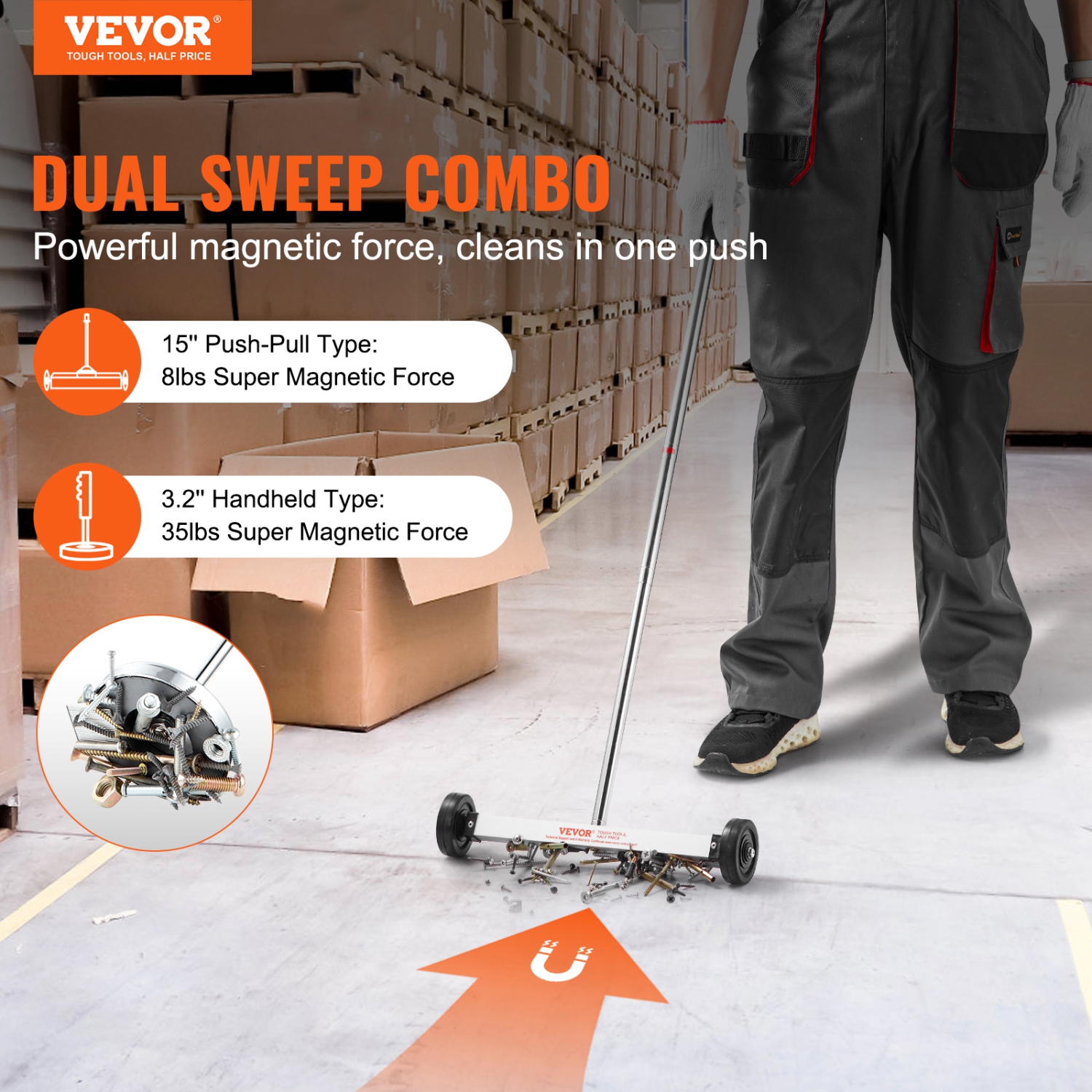 VEVOR 15-Inch Magnetic Sweeper with Wheels, 8 lbs Capacity, with Telescoping Magnetic Pickup Tool, Adjustable Handle, Magnetic Pickup Sweeper to Pick