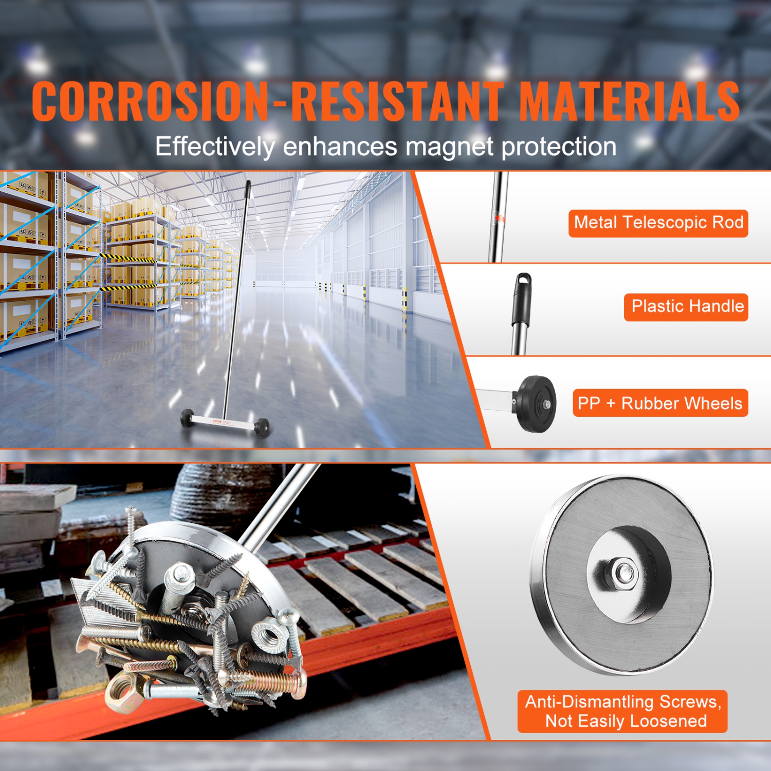 VEVOR 15-Inch Magnetic Sweeper with Wheels, 8 lbs Capacity, with Telescoping Magnetic Pickup Tool, Adjustable Handle, Magnetic Pickup Sweeper to Pick