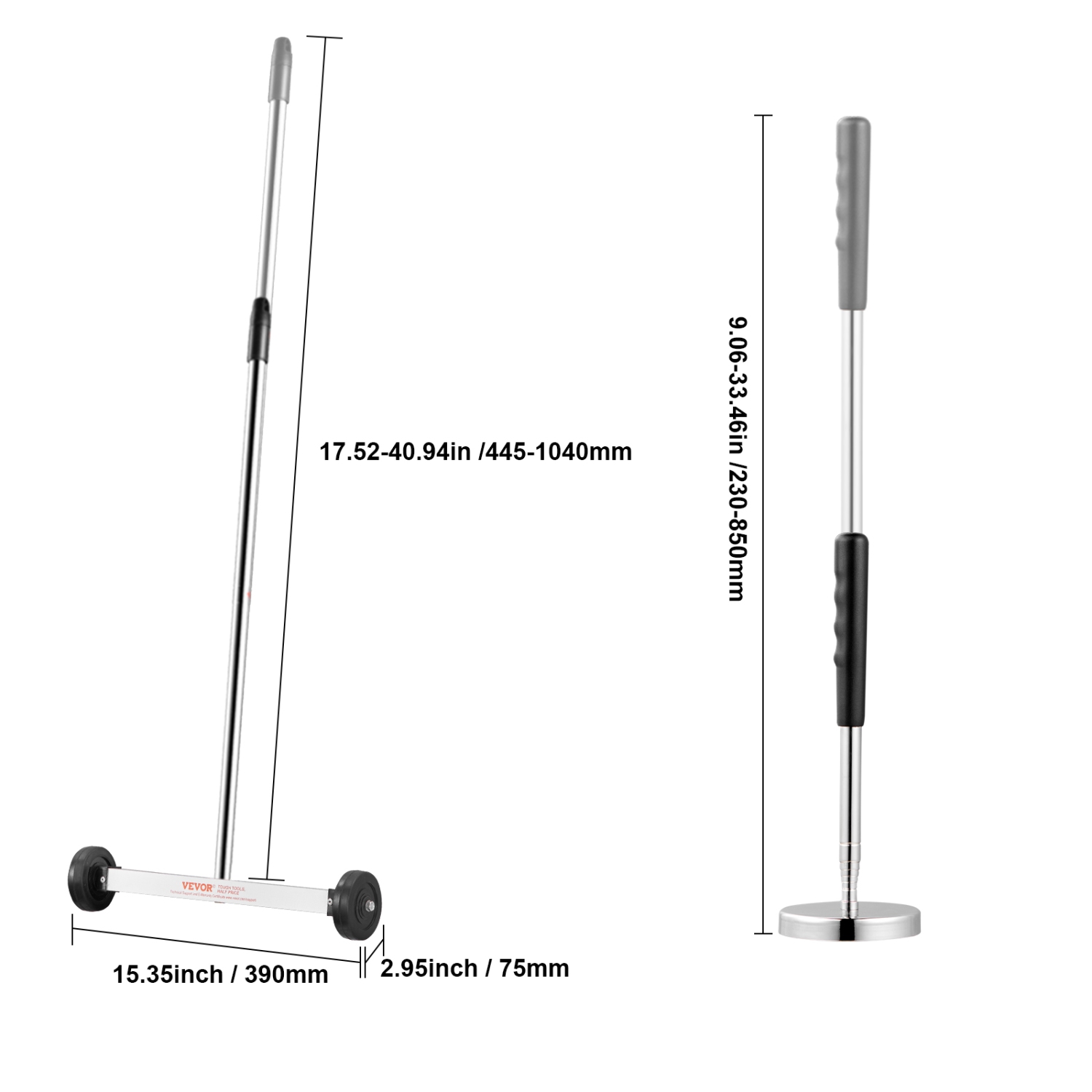 VEVOR 15-Inch Magnetic Sweeper with Wheels, 8 lbs Capacity, with Telescoping Magnetic Pickup Tool, Adjustable Handle, Magnetic Pickup Sweeper to Pick