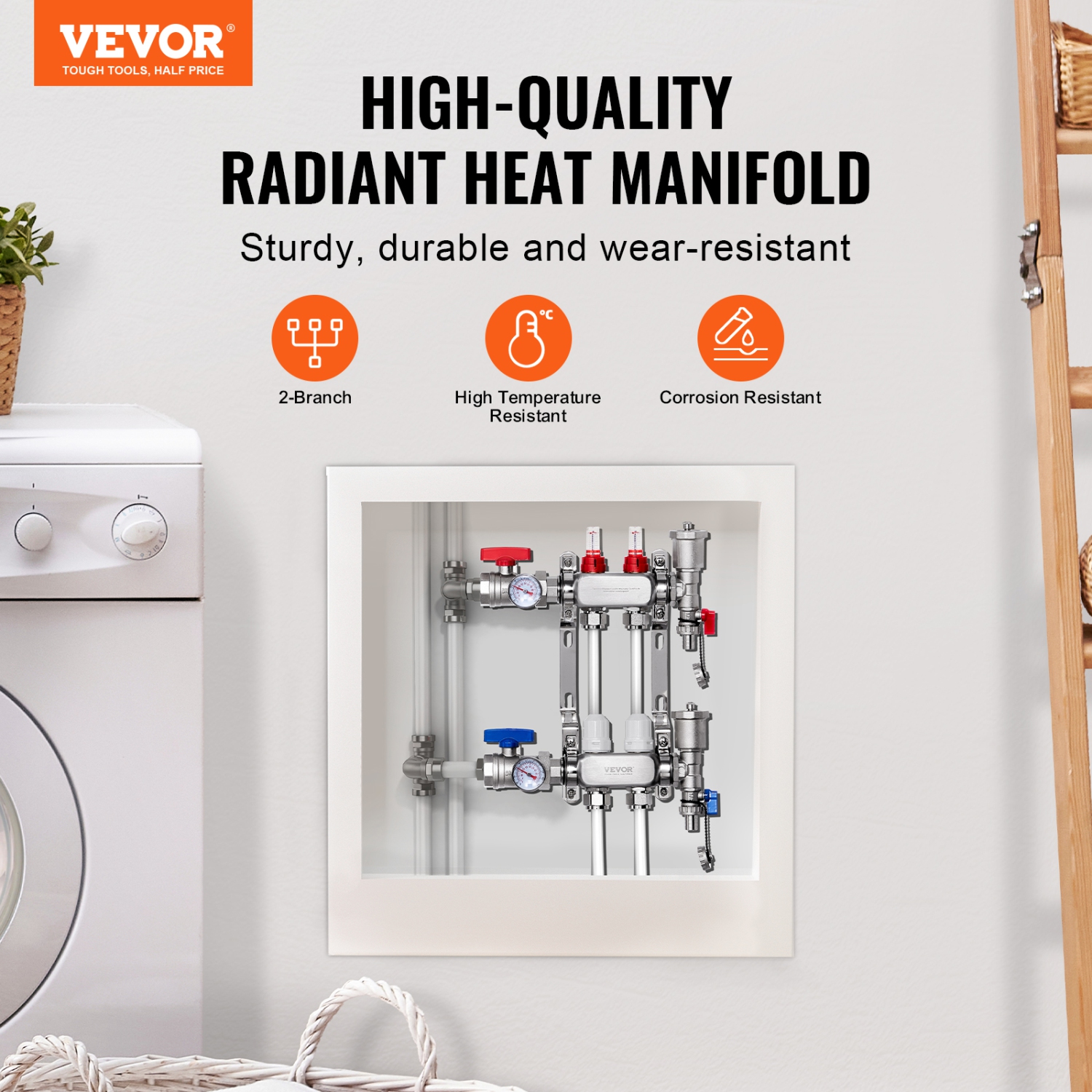 VEVOR 1/2" 2-Branch Radiant Heat Manifold, PEX Tubing Manifold, Stainless Steel PEX Manifold for Hydronic Radiant Floor Heating, Radiant Heat PEX