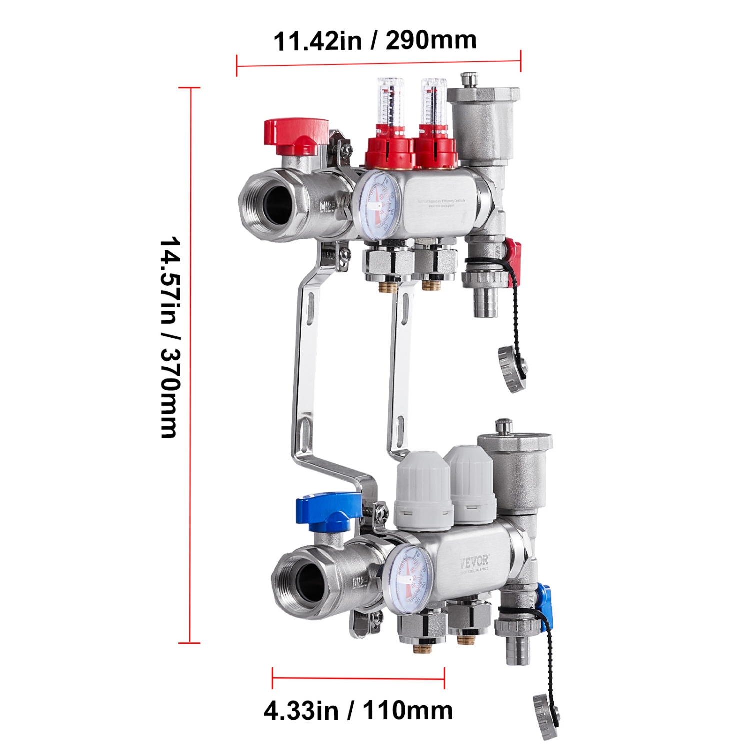 VEVOR 1/2" 2-Branch Radiant Heat Manifold, PEX Tubing Manifold, Stainless Steel PEX Manifold for Hydronic Radiant Floor Heating, Radiant Heat PEX