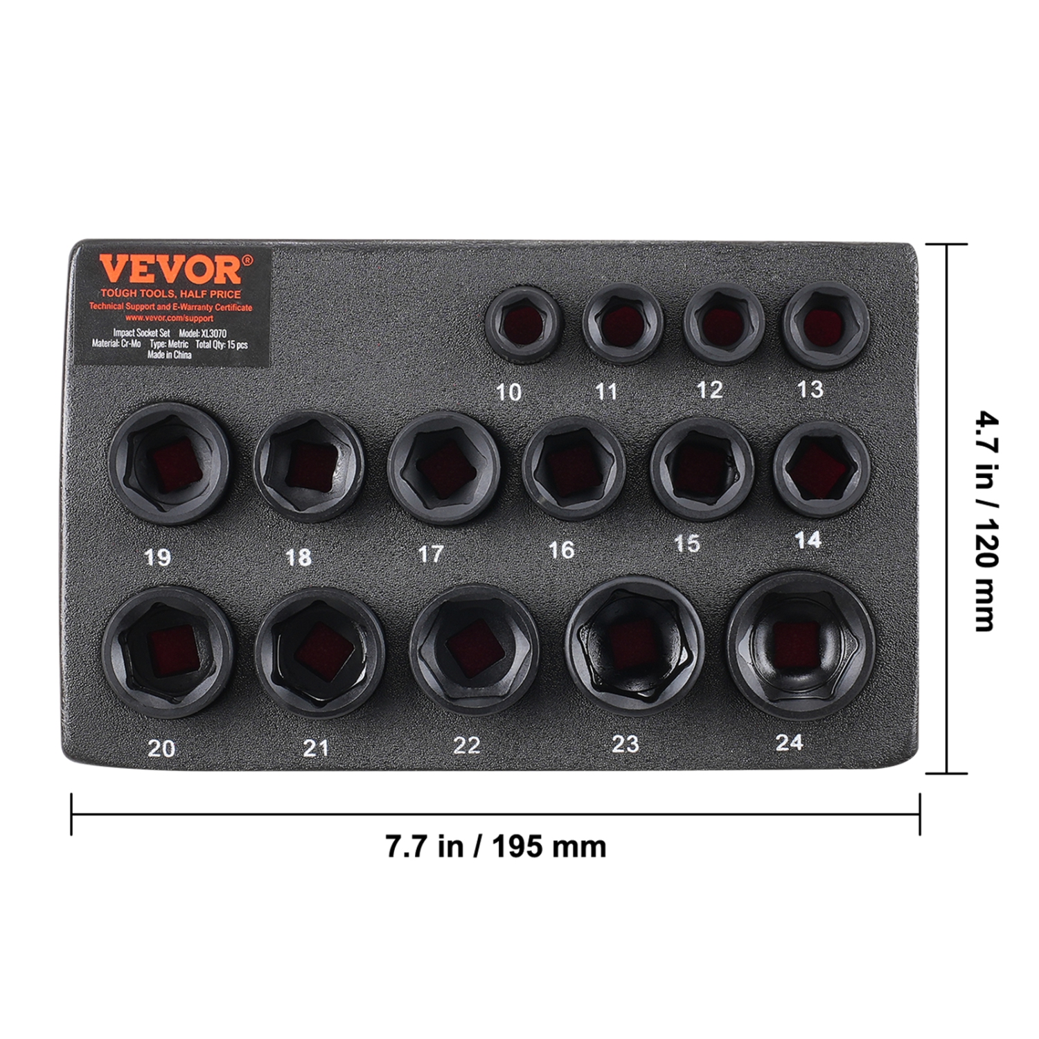 VEVOR 3/8" Drive Impact Socket Set, 15 Piece Ultra-Short Socket Set Metric 10-24mm, 6 Point Cr-Mo Alloy Steel for Auto Repair, Easy-to-Read Size