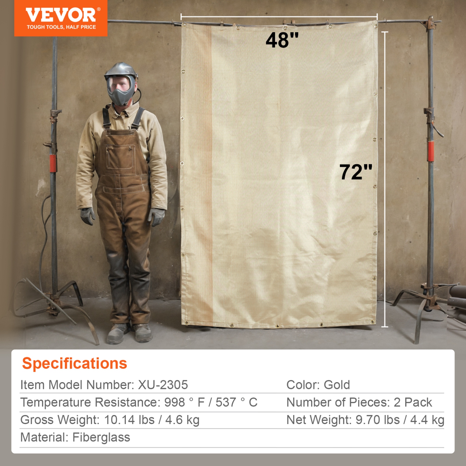 VEVOR 2 Packs Welding Blanket, 4FT x 6FT Heat Treated Welding Blanket, Up To 998°F Heat Resistant Blanket Set, Heavy-Duty Fiberglass Flame Retardant