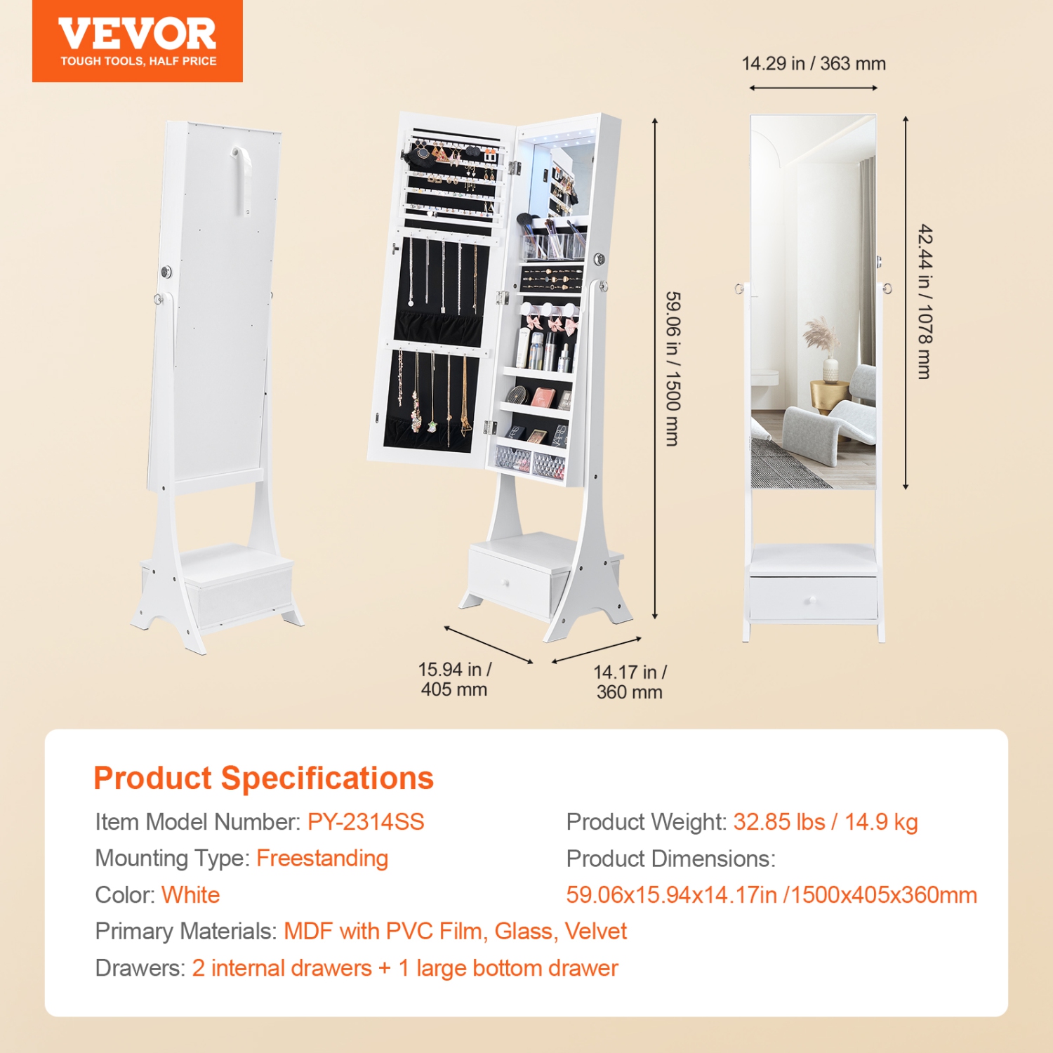 Armoire à bijoux avec miroir VEVOR, range-bijoux verrouillable avec miroir pleine longueur, doublure en velours, lumière intérieure LED, tiroir,