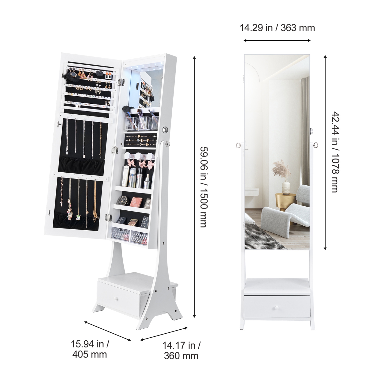 Armoire à bijoux avec miroir VEVOR, range-bijoux verrouillable avec miroir pleine longueur, doublure en velours, lumière intérieure LED, tiroir,