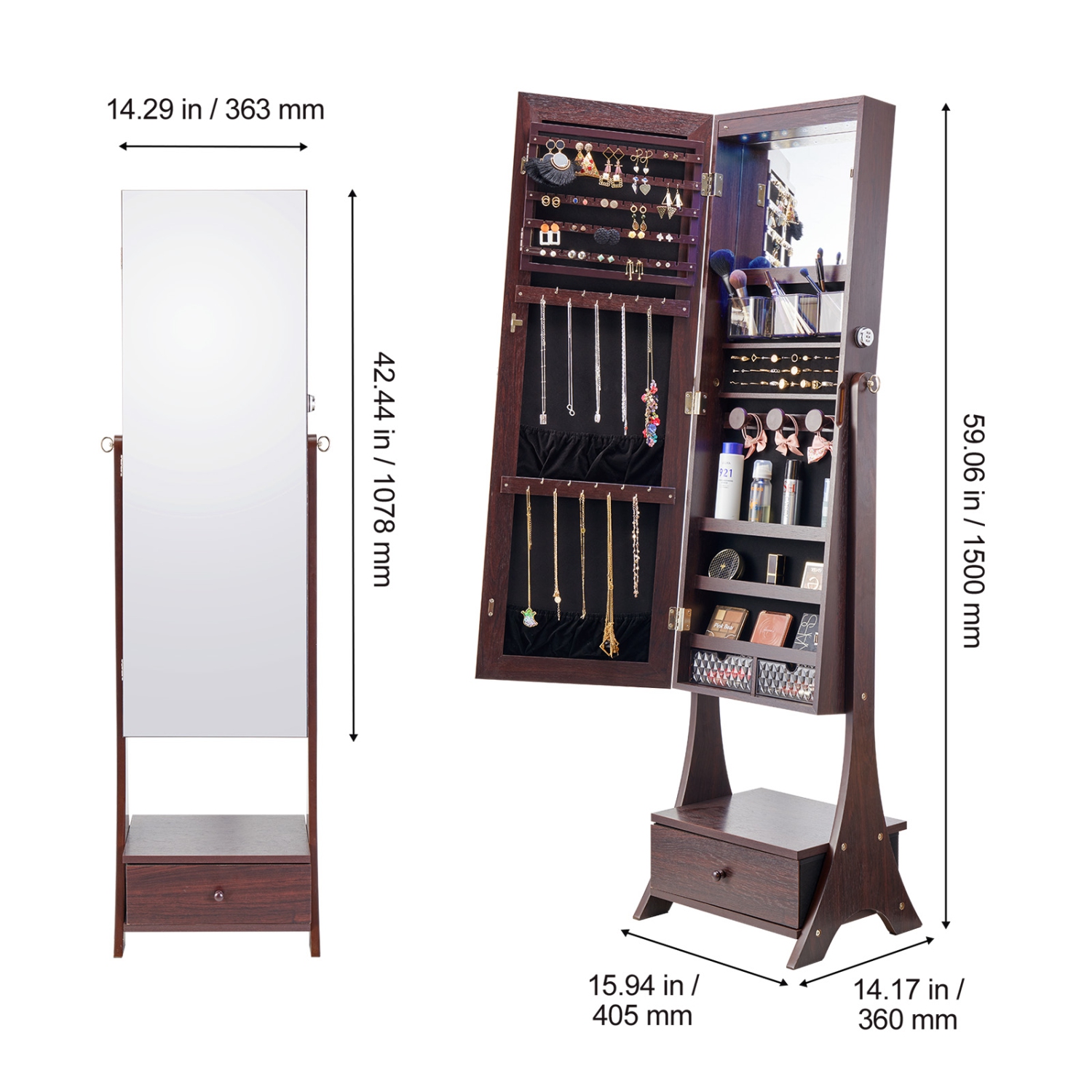 Armoire à bijoux avec miroir VEVOR, range-bijoux verrouillable avec miroir pleine longueur, doublure en velours, lumière intérieure LED, tiroir,