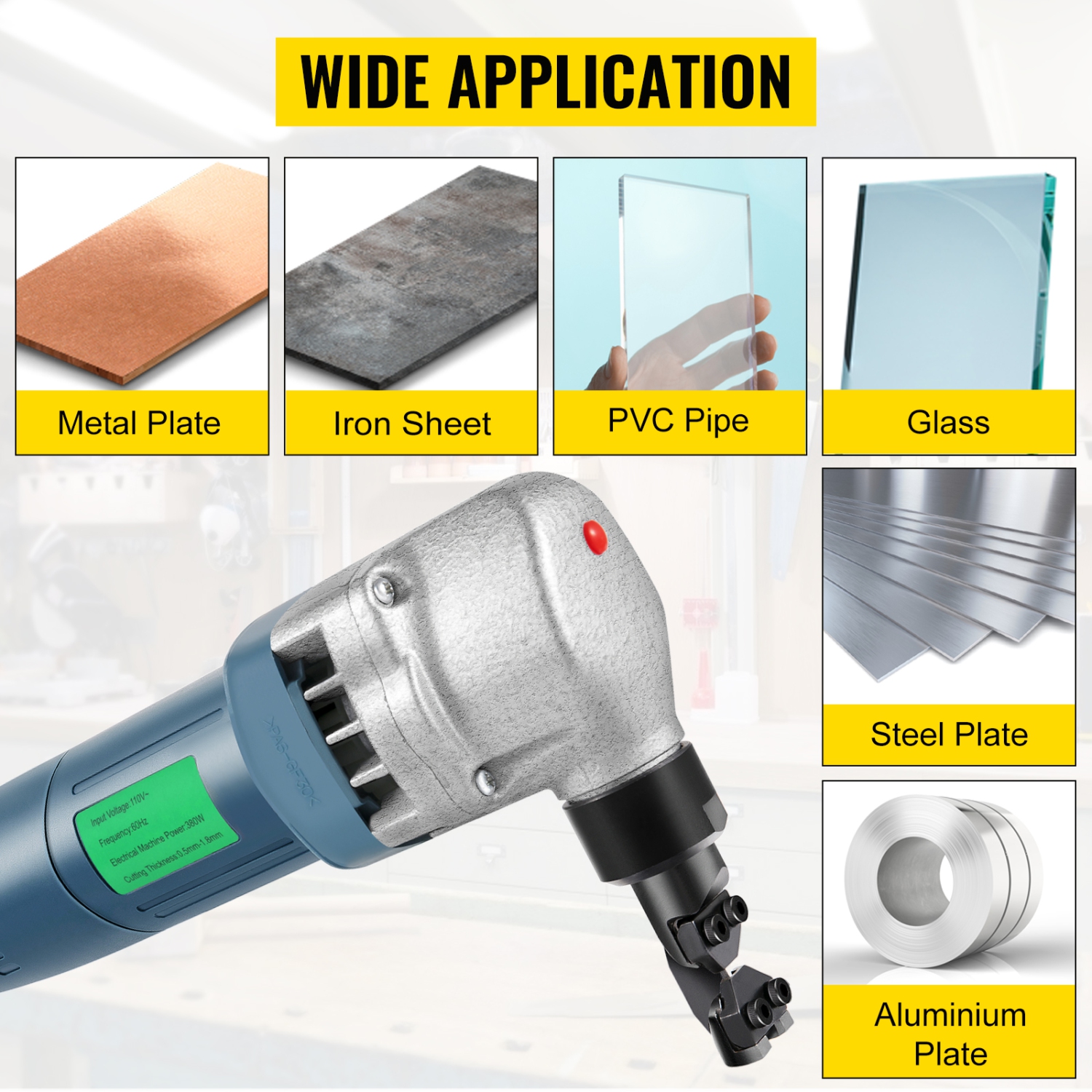Coupe-tôle électrique VEVOR 380&nbsp;W, vitesse de rotor 1800&nbsp;tr/min, capacité de coupe 0,07&nbsp;po/1,8&nbsp;mm, lames de rechange et boîtier