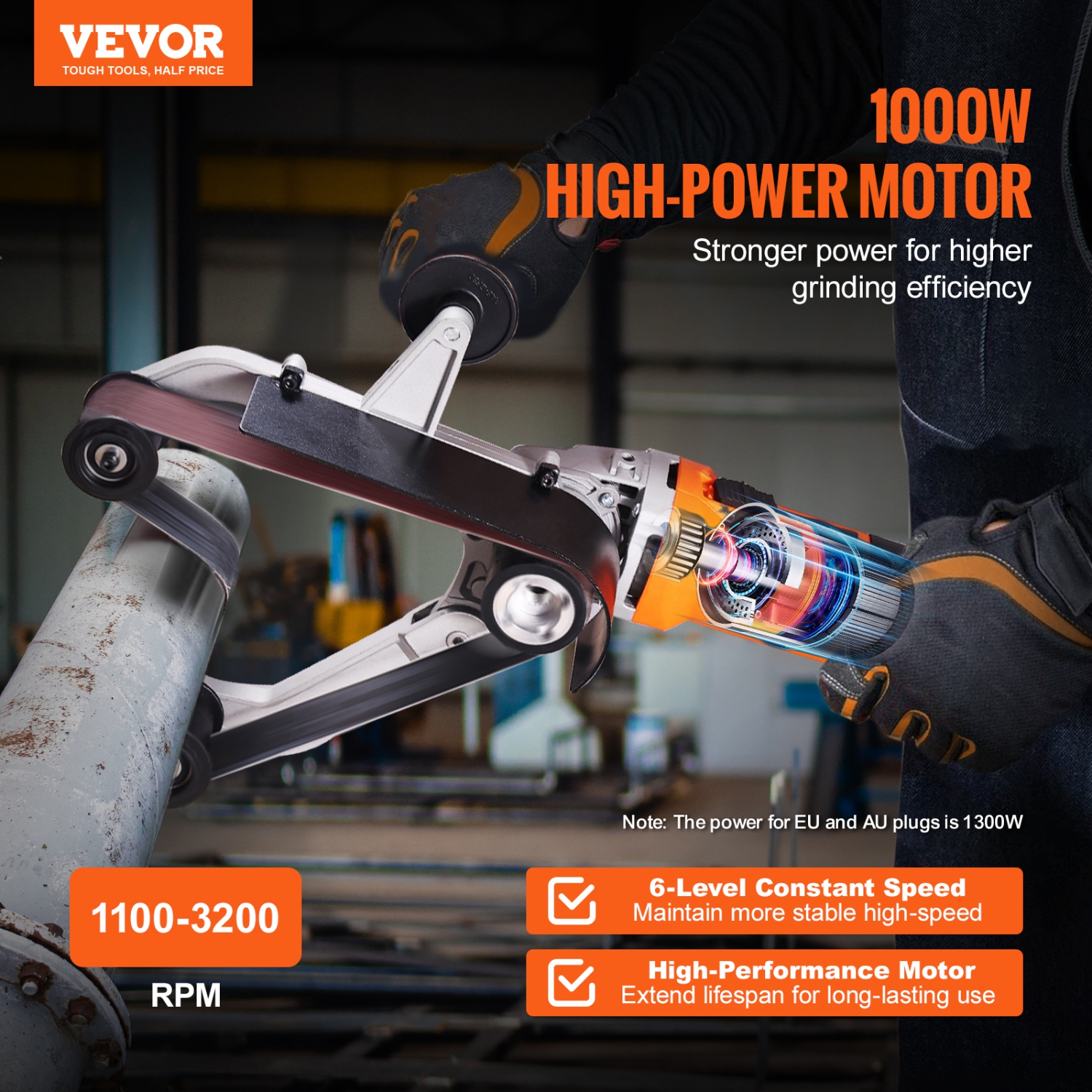 VEVOR 1000W Pipe Tube Polisher Sander, Pipe Belt Sander with 6 Variable Speeds 1100-3200rpm, Professional Belt Sander Grinding Machine with 3PCS