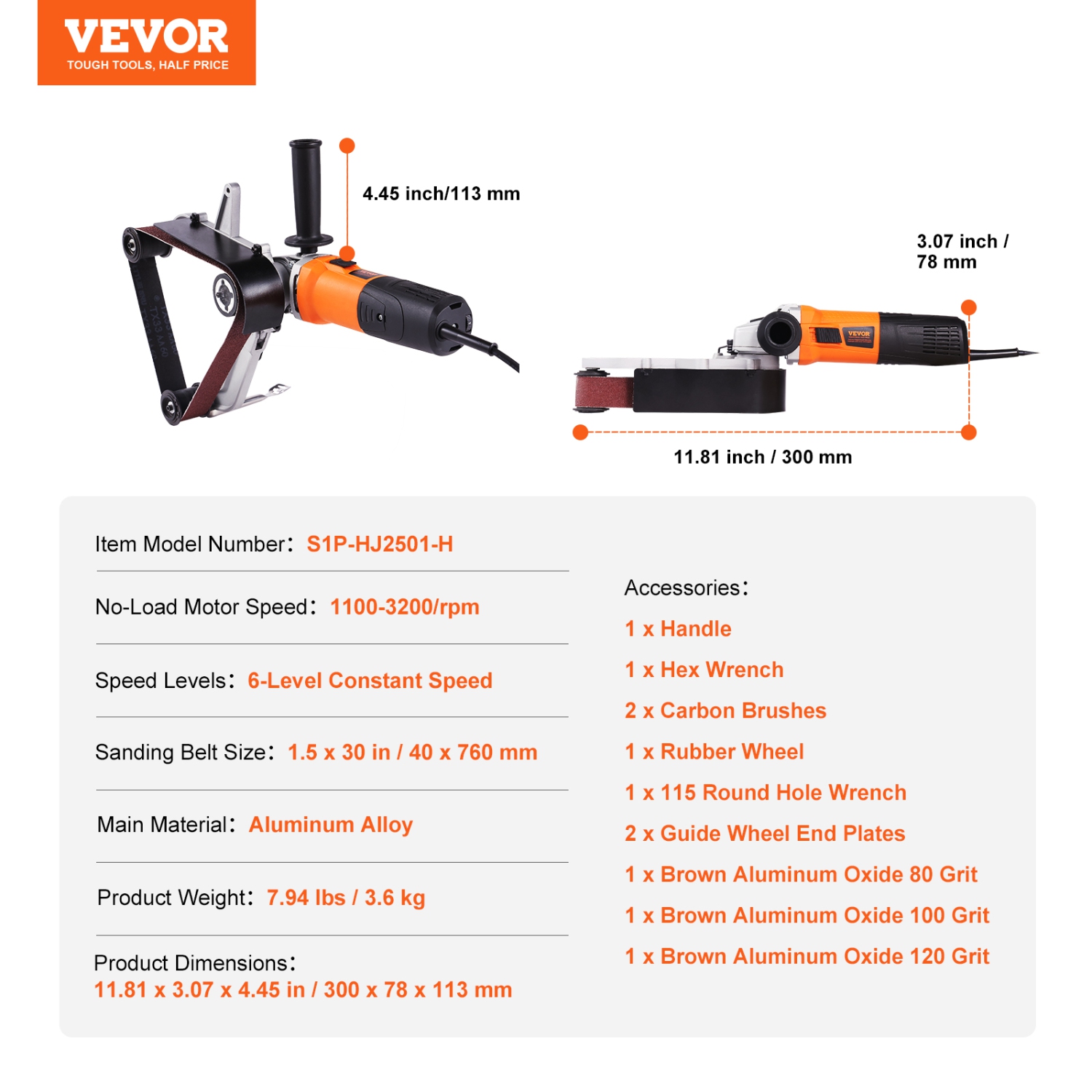 VEVOR 1000W Pipe Tube Polisher Sander, Pipe Belt Sander with 6 Variable Speeds 1100-3200rpm, Professional Belt Sander Grinding Machine with 3PCS