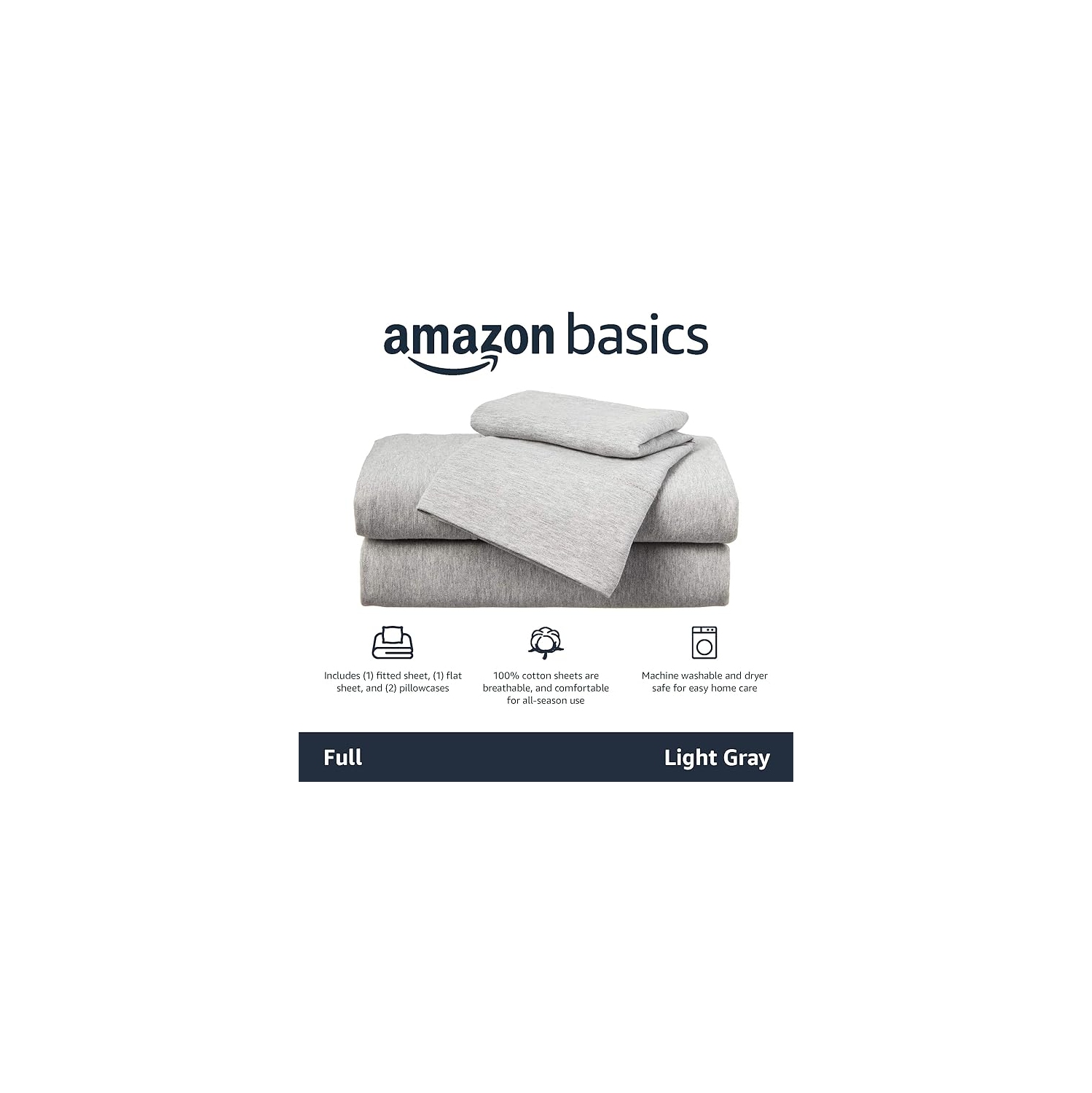 VAST Amazon Basics Heather Cotton Jersey Bed Sheet Set - Full, Light Grey, Queen Size