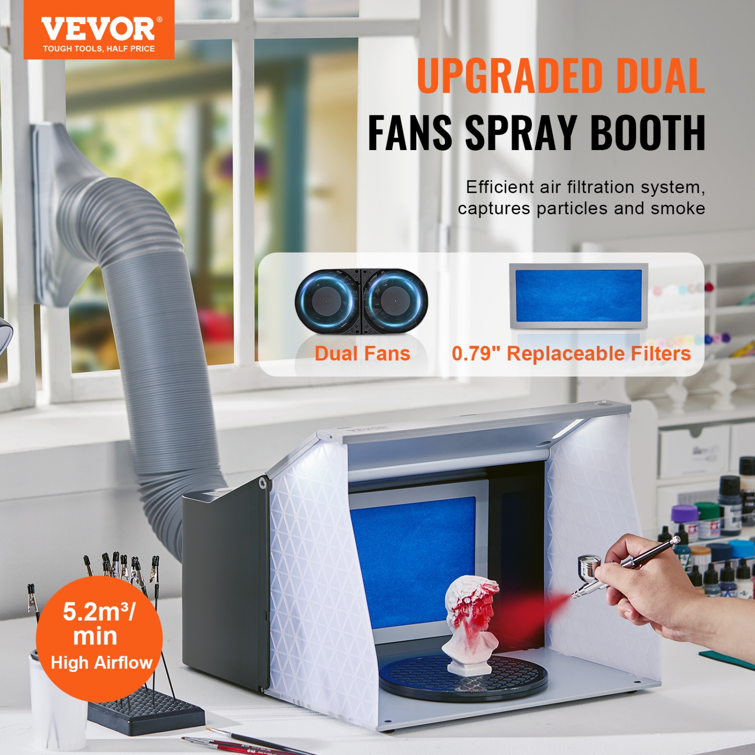 VEVOR Airbrush Spray Booth, Portable Hobby Airbrush Paint Spray Booth Kit with 4 LED Light, Powerful Dual Exhaust Fans, Turntable and 6 ft Extension