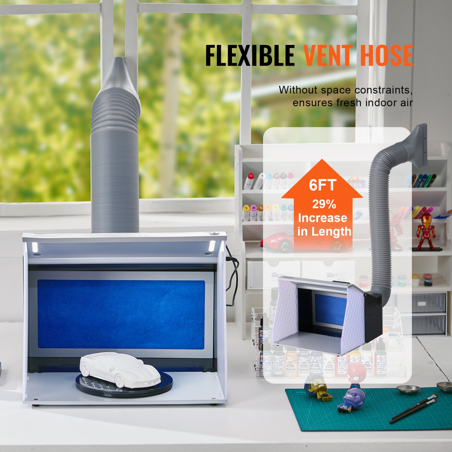 VEVOR Airbrush Spray Booth, Portable Hobby Airbrush Paint Spray Booth Kit with 4 LED Light, Powerful Dual Exhaust Fans, Turntable and 6 ft Extension