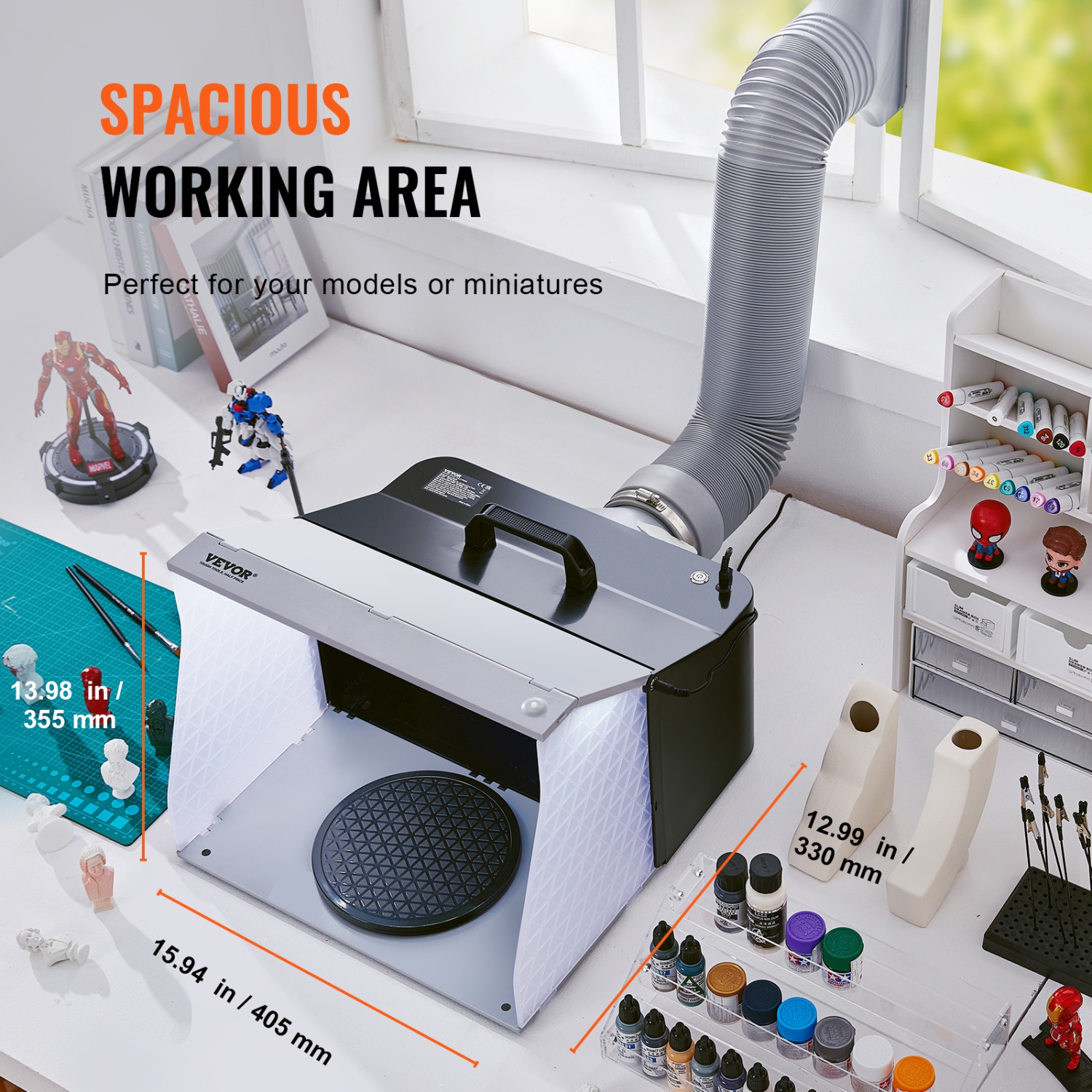 VEVOR Airbrush Spray Booth, Portable Hobby Airbrush Paint Spray Booth Kit with 4 LED Light, Powerful Dual Exhaust Fans, Turntable and 6 ft Extension