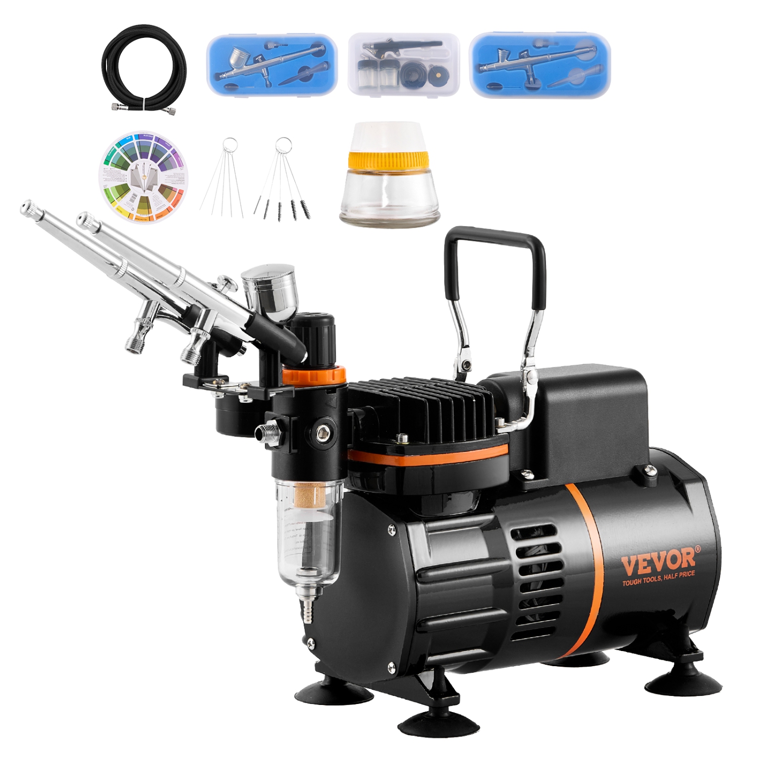 VEVOR Airbrush Kit, Dual Fan Air Compressor Professional Airbrushing System Kit with 3 Airbrushes, Holder, Color Mixing Wheel, Cleaning Brush Set,