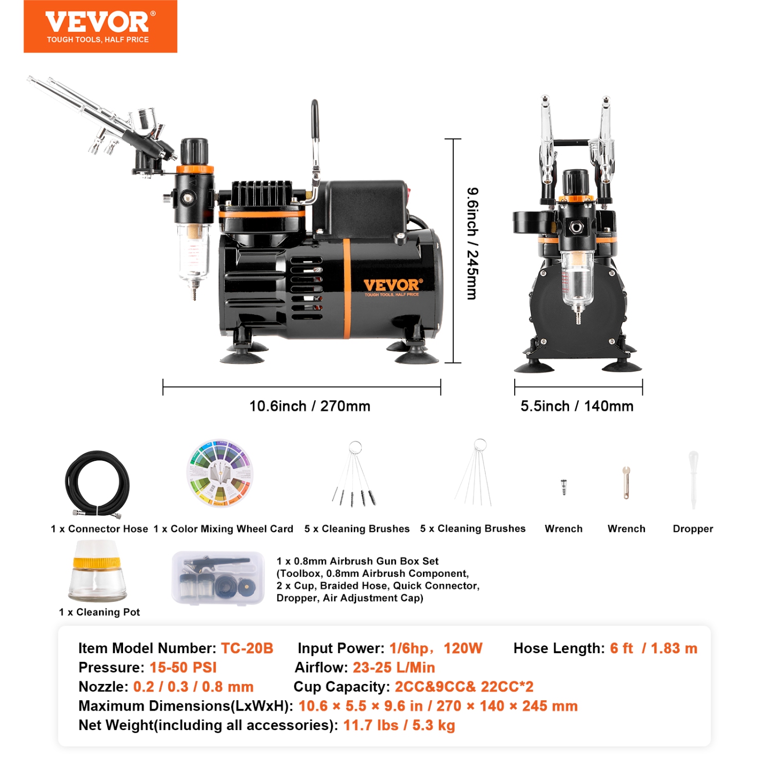VEVOR Airbrush Kit, Dual Fan Air Compressor Professional Airbrushing System Kit with 3 Airbrushes, Holder, Color Mixing Wheel, Cleaning Brush Set,