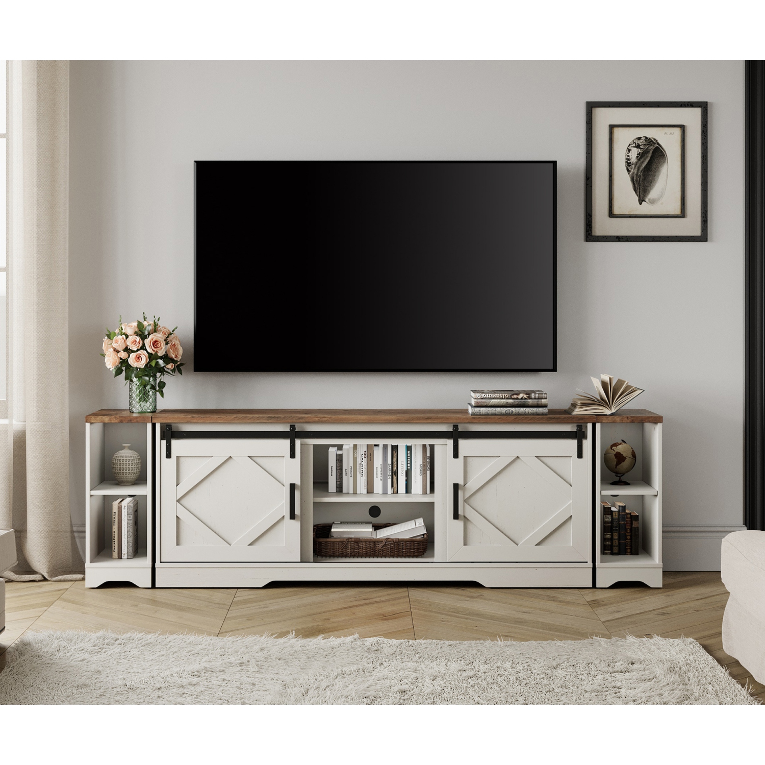 WAMPAT Farmhouse TV Stand Modern Sliding Barn Door Entertainment Center for TVs Up to 100 inch, Wood TV Media Console Table Cabinet Storage for
