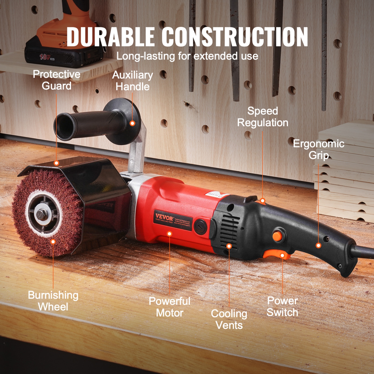 Polisseuse VEVOR 1200 W, outil de conditionnement de surface à vitesse variable 6, machine de polissage électrique portative pour métal avec 4