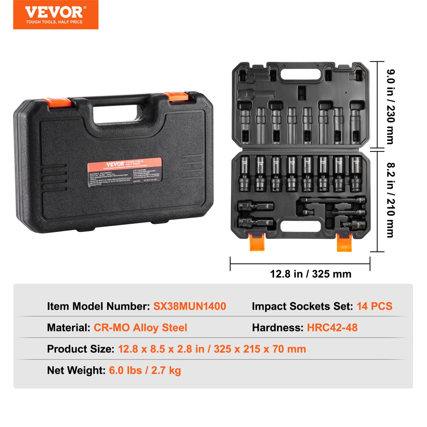 VEVOR 360 Degree Swivel Impact Socket Set, 3/8" Socket Set 14PCS Deep Universal Metric 10-19mm, 6 Point Cr-Mo Alloy Steel, Easy-to-Read Size