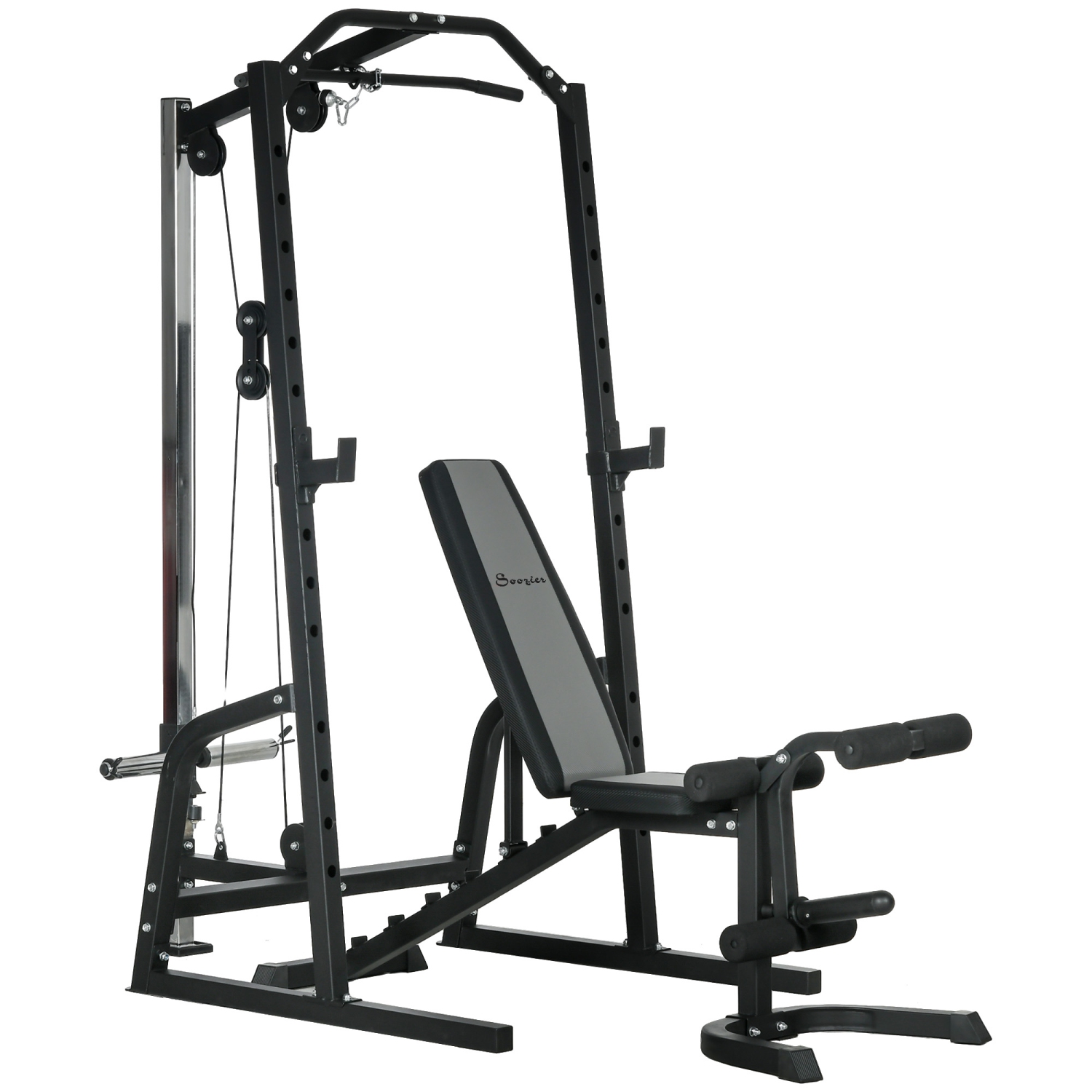 Soozier Home Gym Machine, 3 in 1 Smith Machine, Multi-Functional Power Cage with Adjustable Weight Bench, Barbell Bar and Cable Pulley System,