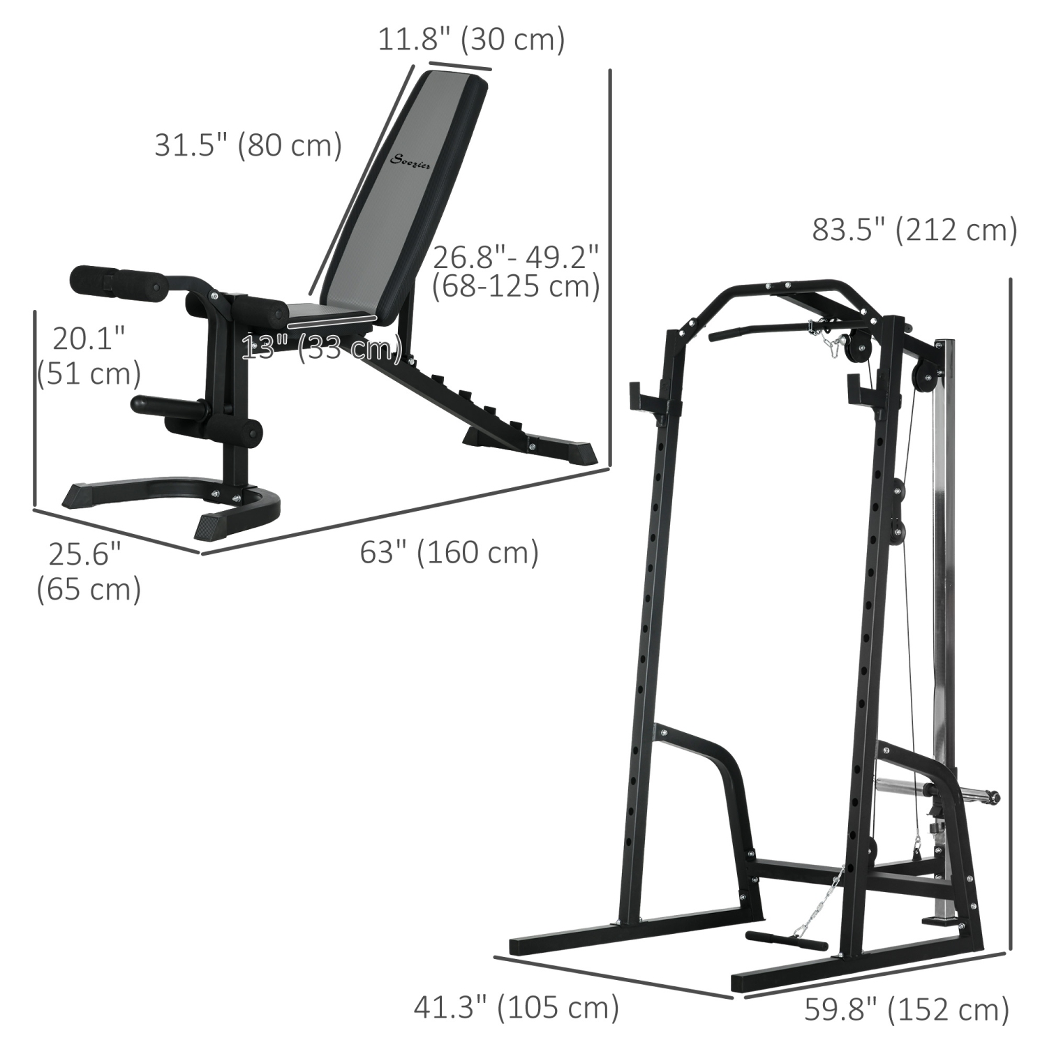 Soozier Home Gym Machine, 3 in 1 Smith Machine, Multi-Functional Power Cage with Adjustable Weight Bench, Barbell Bar and Cable Pulley System,