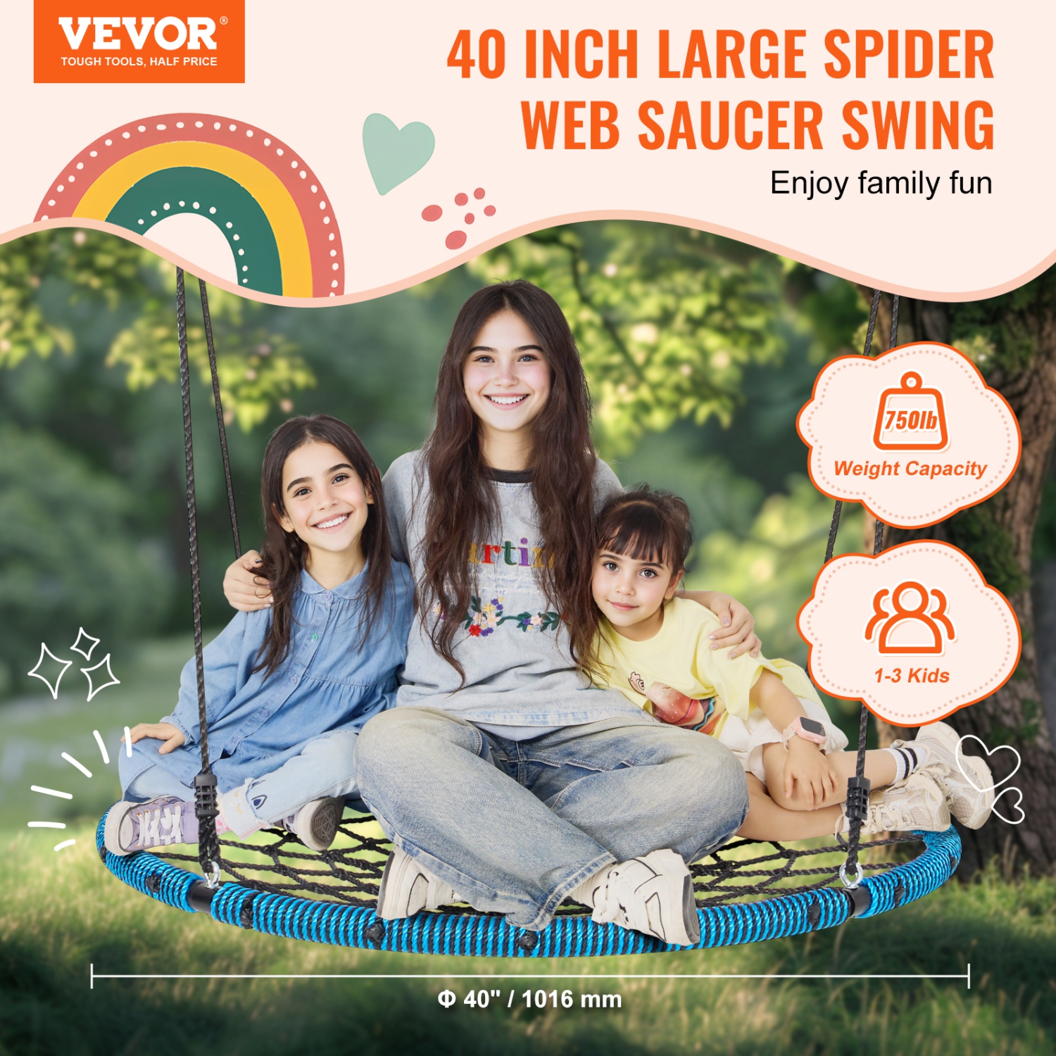 VEVOR 40 Inch Spider Web Saucer Swing, Round Swings for Kids Outdoor, 750lbs Weight Capacity Saucer Tree Swing, Stable Woven Rope Swing Seat with