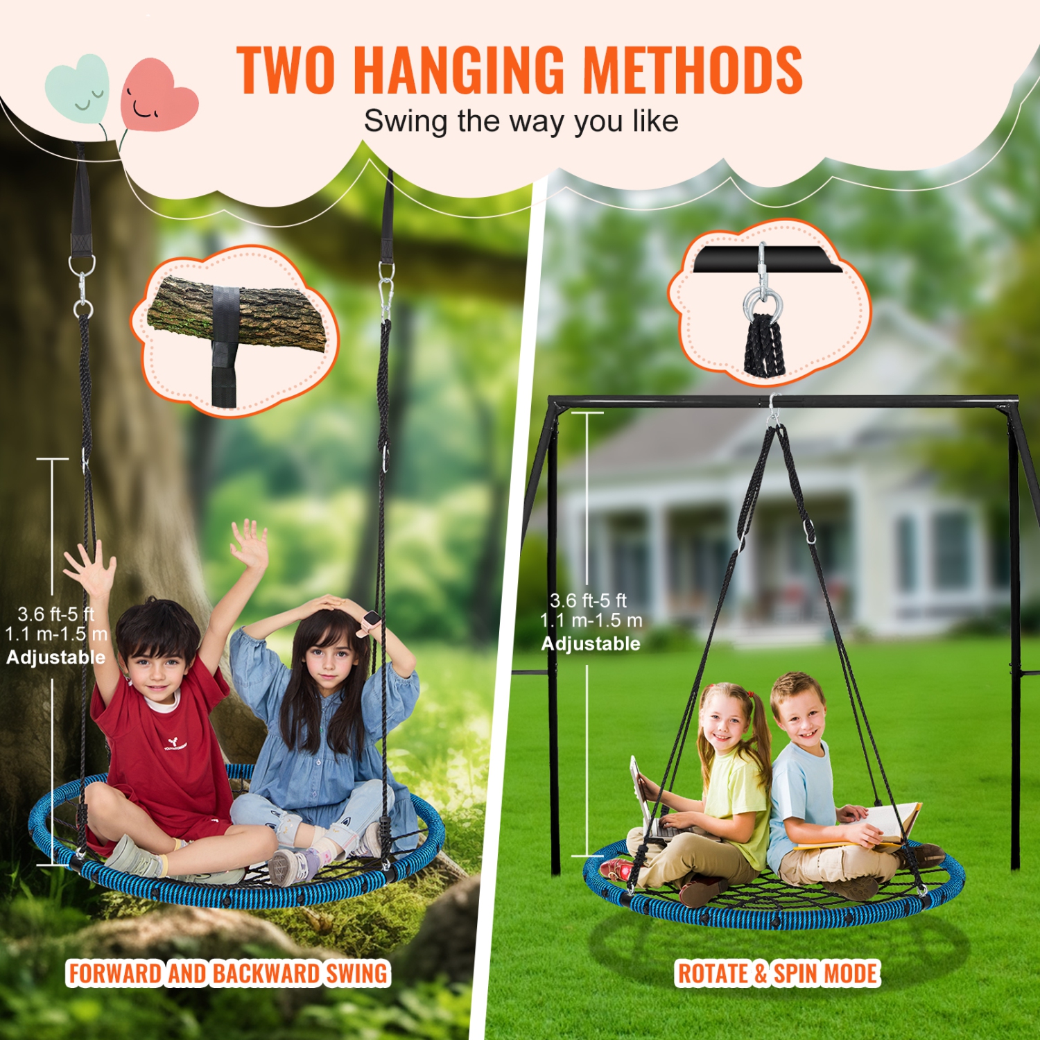 VEVOR 40 Inch Spider Web Saucer Swing, Round Swings for Kids Outdoor, 750lbs Weight Capacity Saucer Tree Swing, Stable Woven Rope Swing Seat with