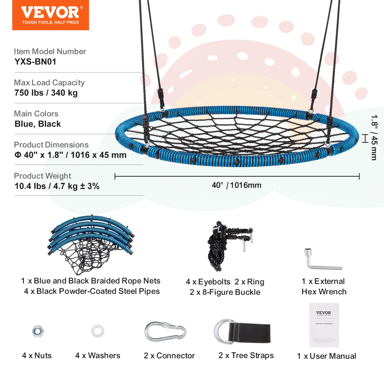 VEVOR 40 Inch Spider Web Saucer Swing, Round Swings for Kids Outdoor, 750lbs Weight Capacity Saucer Tree Swing, Stable Woven Rope Swing Seat with