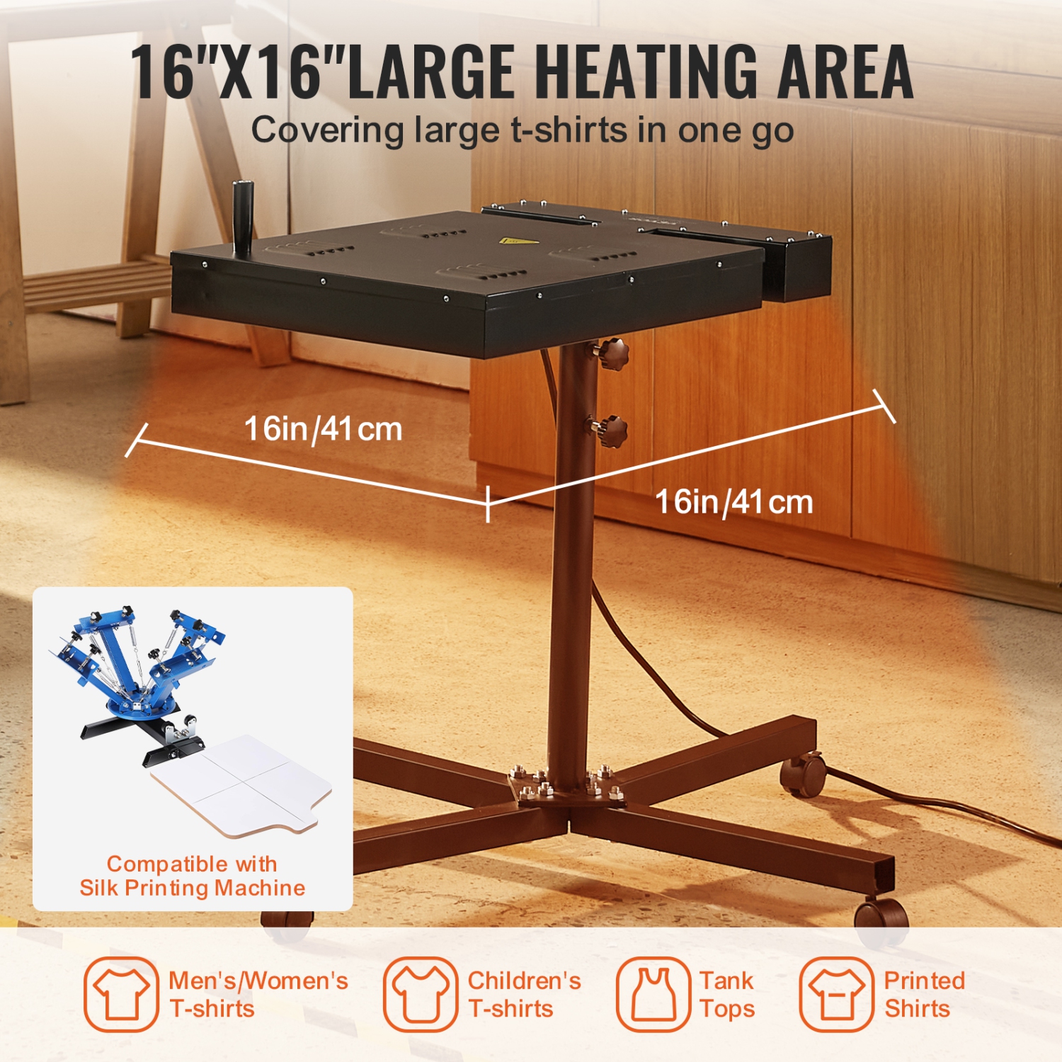 VEVOR 16x16 inch Pro Flash Dryer, Upgrade 1800W Electrical Control Box Flash Dryer with Height Adjustable Stand, 360° Rotation, X-Shaped Base, Steel