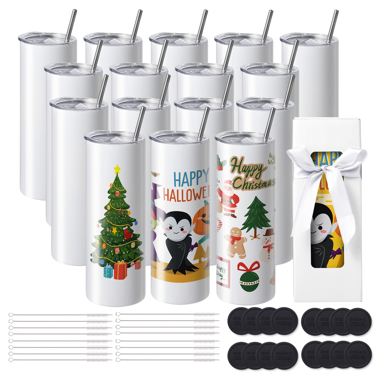 VEVOR 16 Pack Sublimation Tumblers 20oz Skinny Straight, Stainless Steel Sublimation Tumblers Blank, Double Wall Tumbler for Heat Transfer Customized