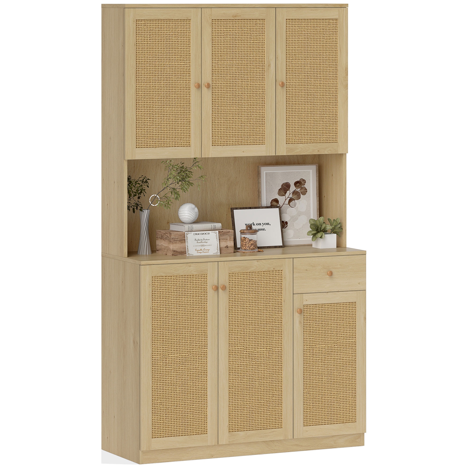 HOMCOM 71" Boho Kitchen Pantry Cabinet with Rattan Doors, Freestanding Buffet Storage Cabinet with Microwave Countertop, Drawer and Adjustable